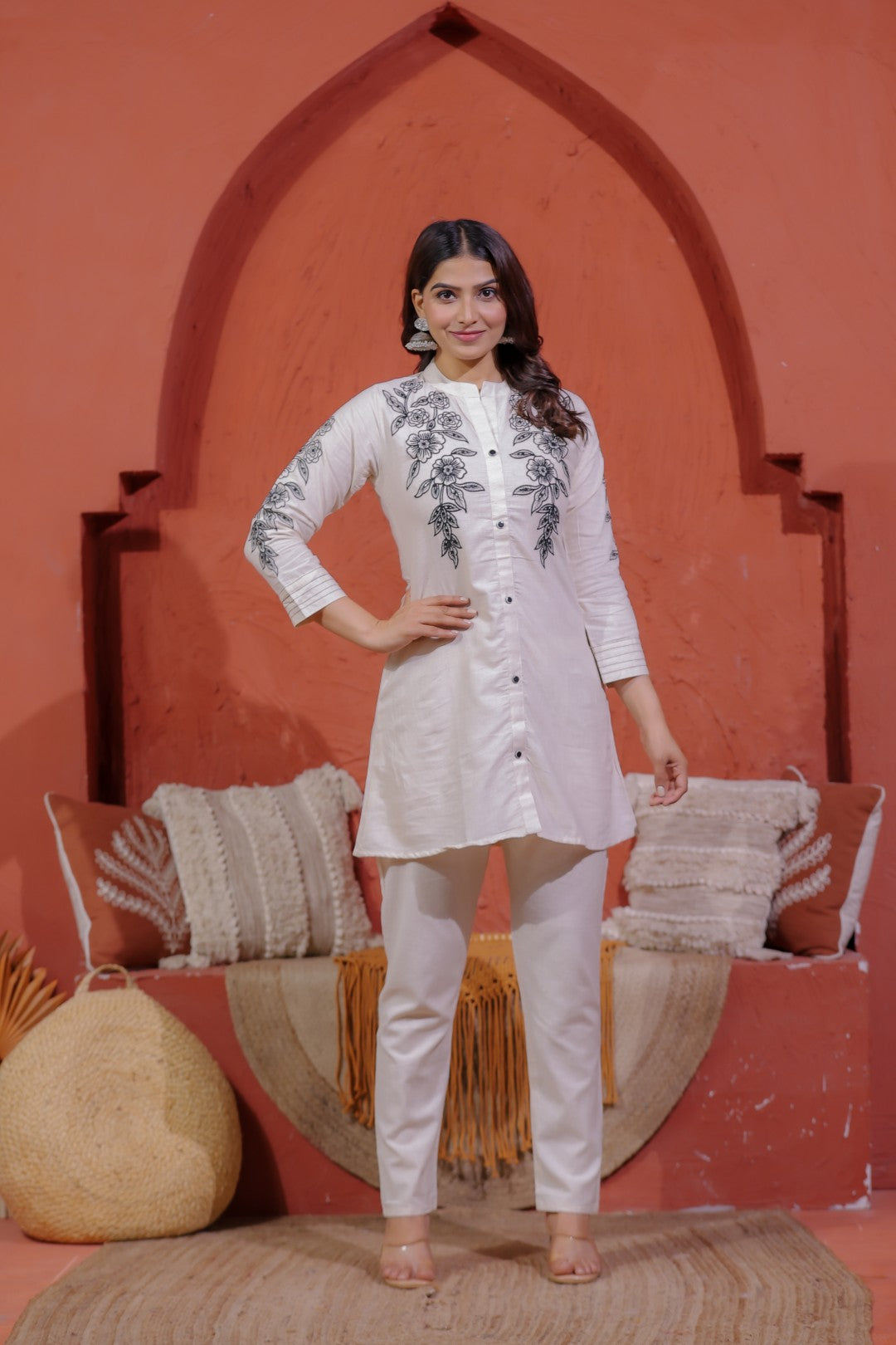 Off White Khadi Cotton with Floral Embroidery Co-ord Set