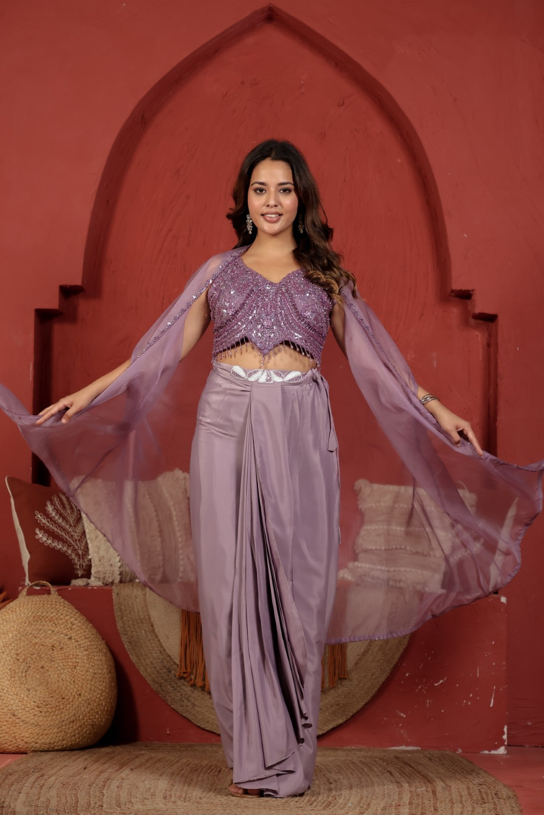 Lavender Satin Silk Blouse with Front Handwork, Dhoti & Shrug