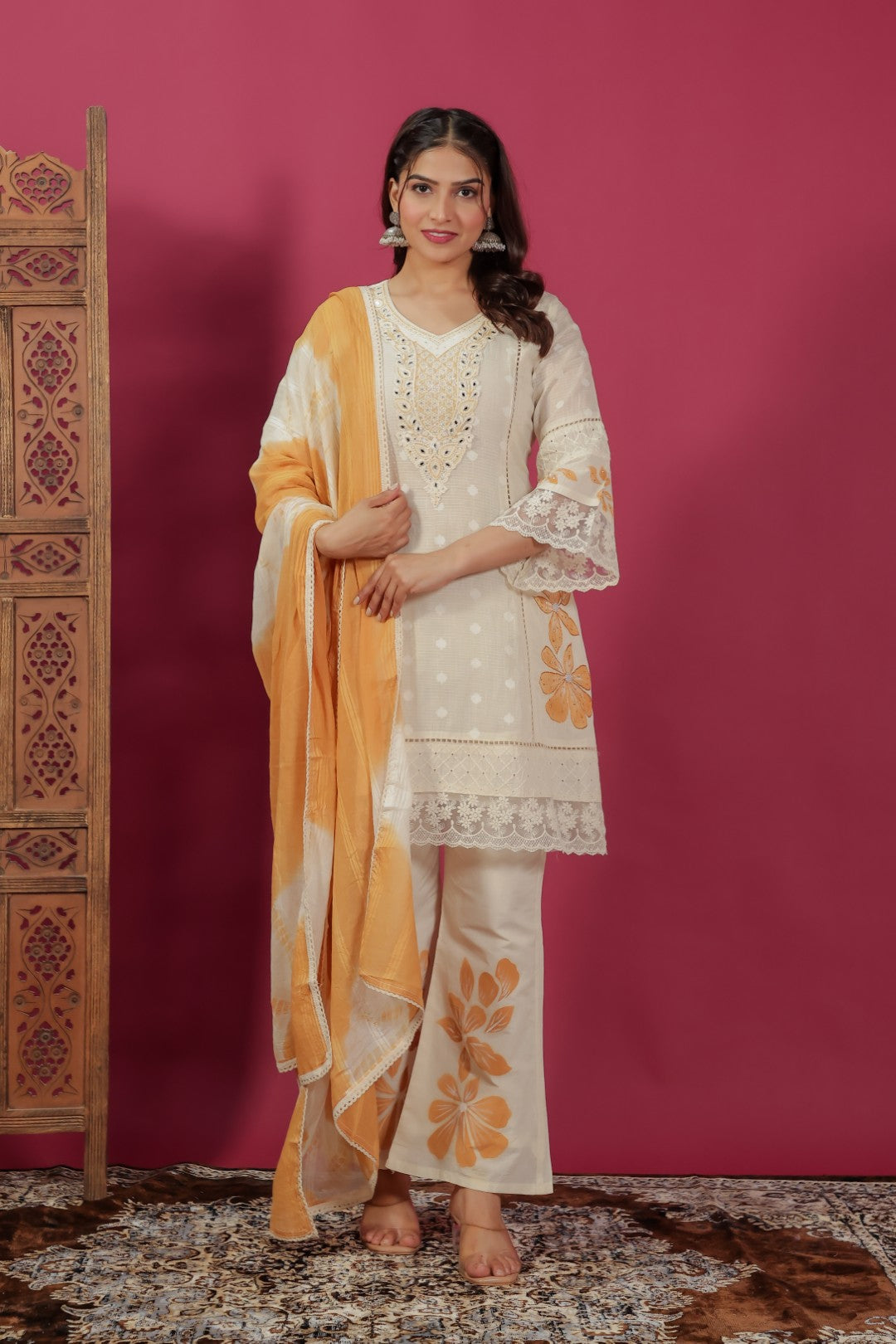 Off White Cotton Chikankari Handwork Co-ord Set with Dupatta