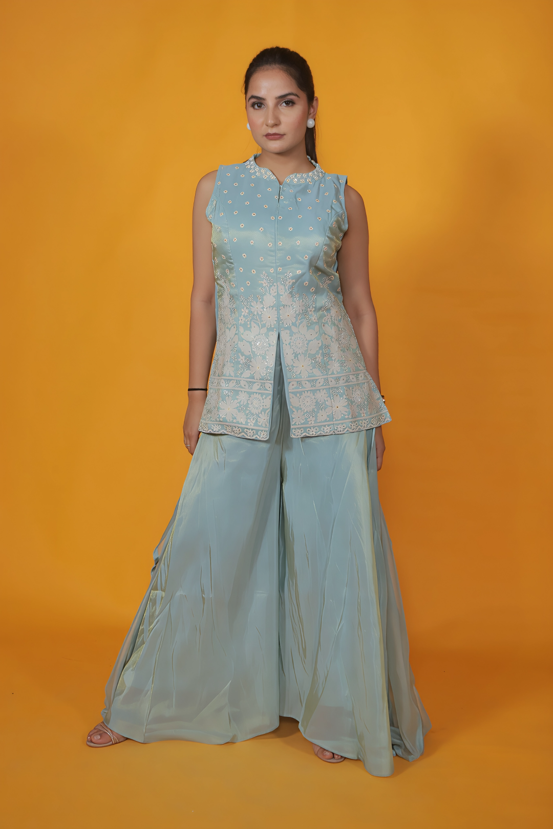 Sky Blue Mosh Silk Jacket with Thread & Stone Work, Palazzo & Dupatta