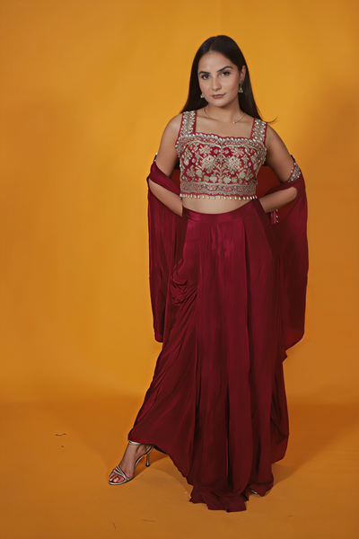 Maroon Crepe Silk Blouse with Zari Handwork, Dhoti & Shrug