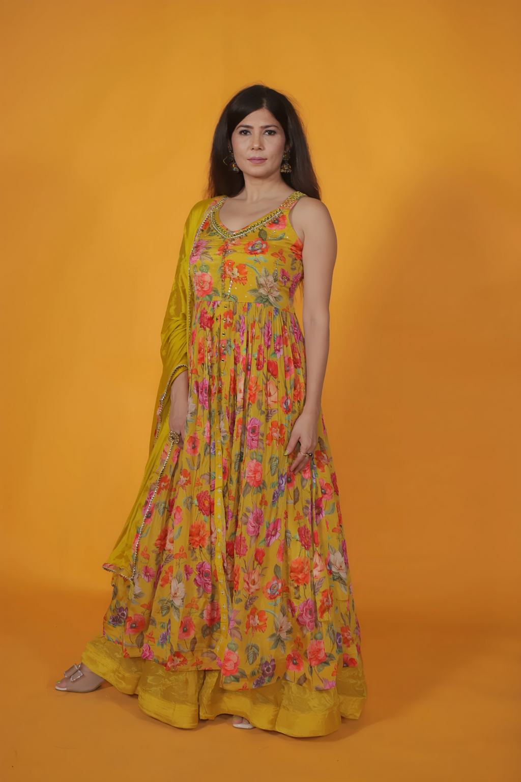 Mustard Yellow Chinon Silk Printed Top with Handwork, Skirt & Dupatta