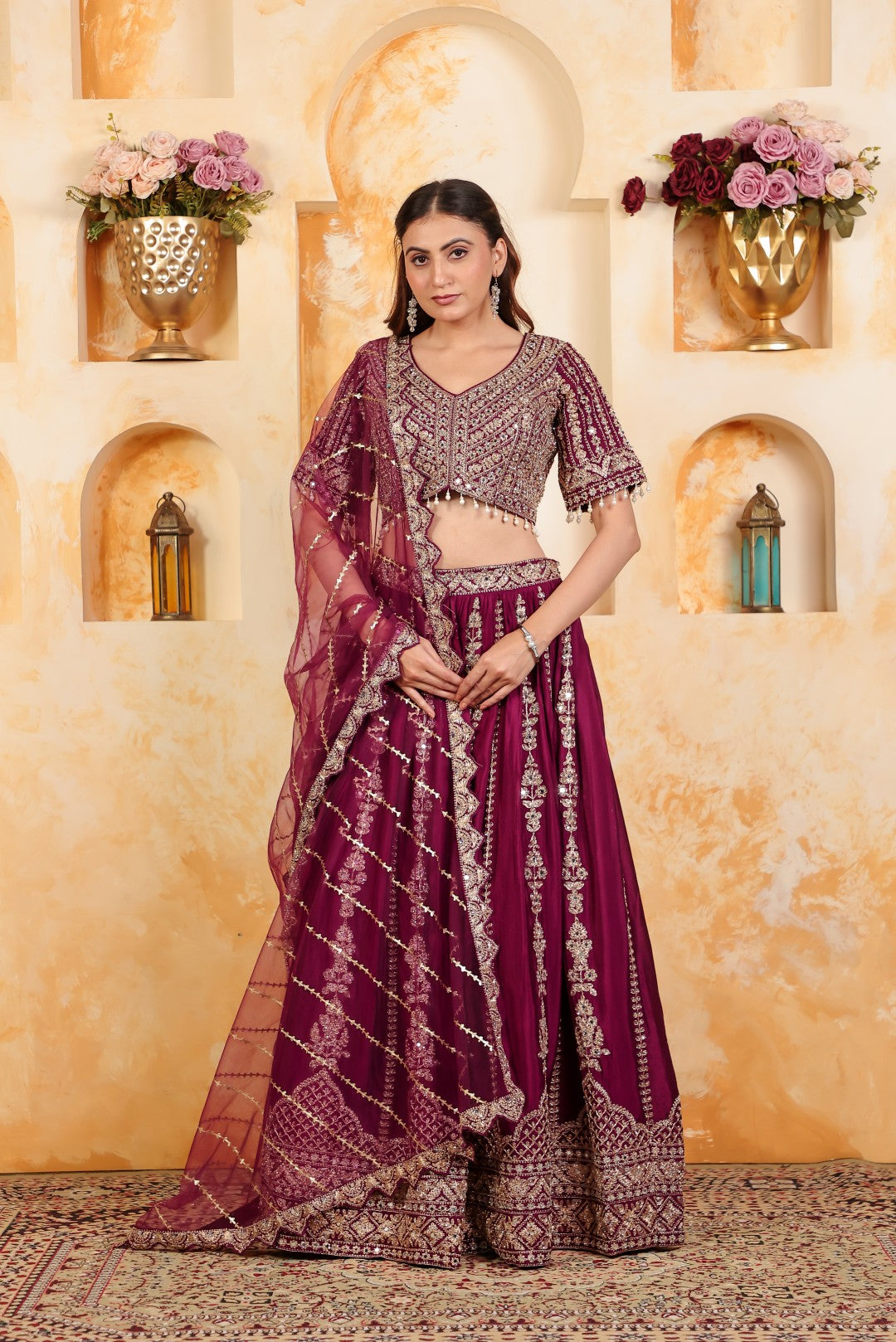 Wine Chinon Lehenga with Heavy Zari work and Matching Blouse with Net Dupatta