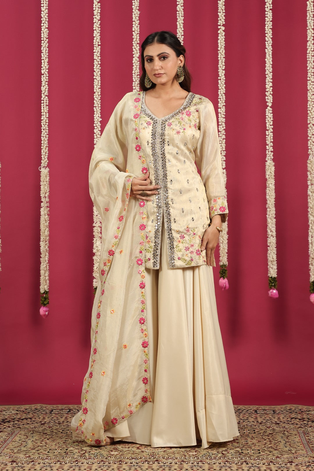 Beige Mosh Silk Short Kurti with Thread & Mirror Work, Sharara & Dupatta