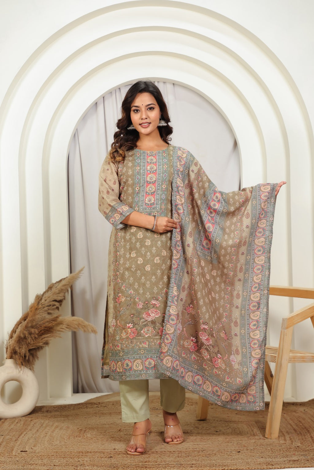 Mehendi Green Cotton Chikankari Suit with Bottom & Dupatta