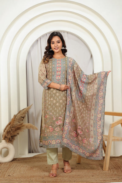 Mehendi Green Cotton Chikankari Suit with Bottom & Dupatta