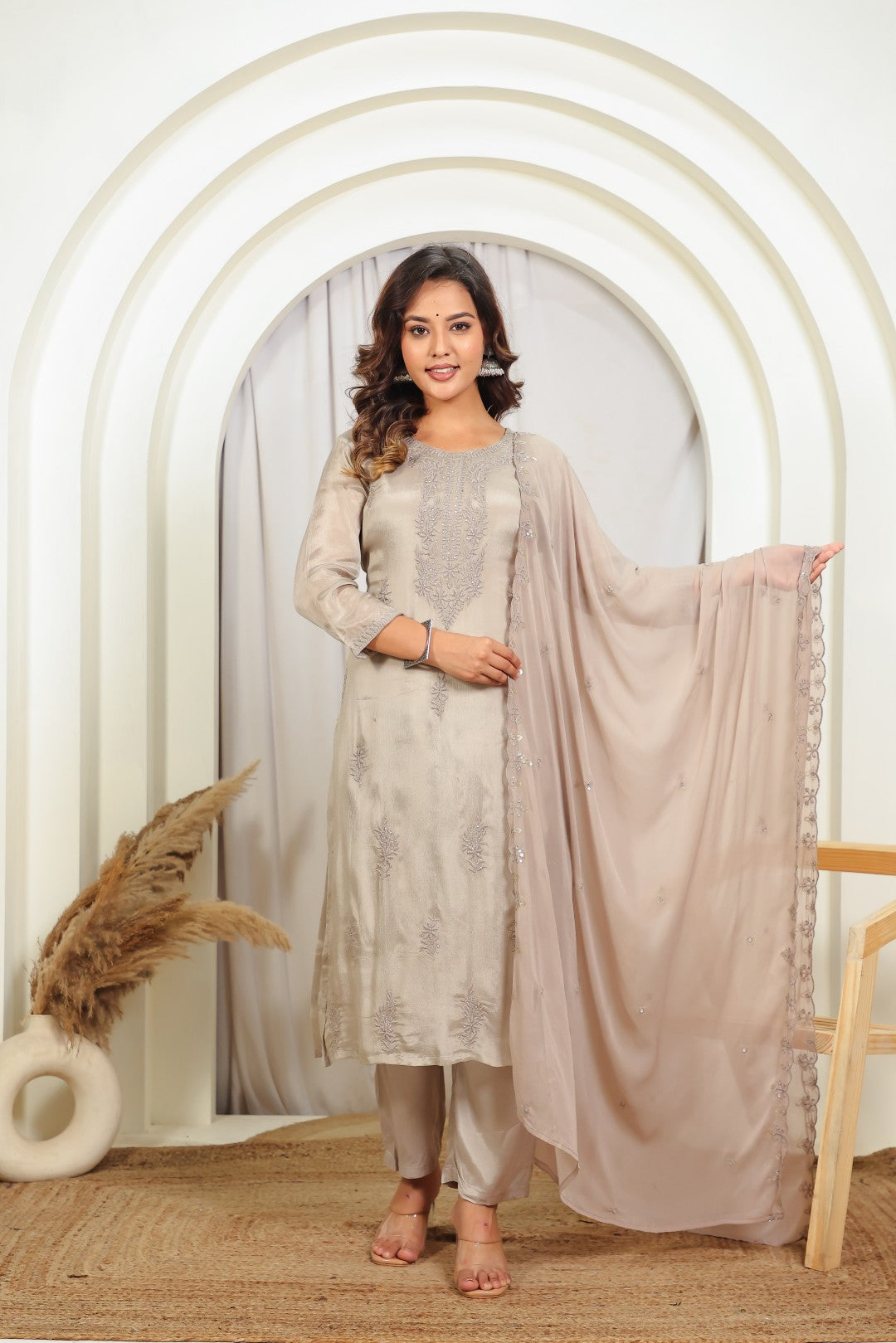 Dusty Grey Chinon Silk Suit with Thread Embroidered, Bottom & Dupatta