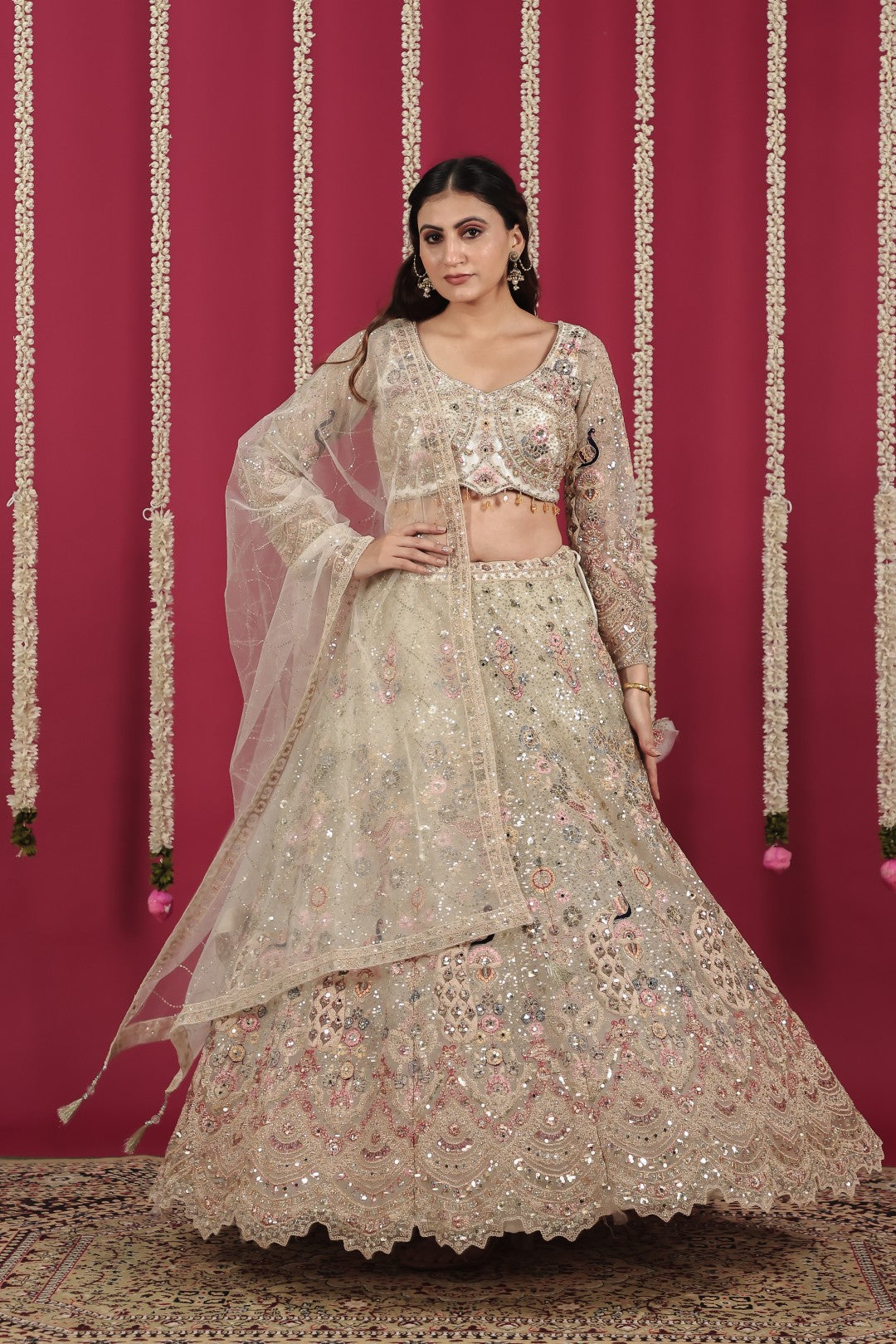 Off White Net Lehenga with Heavy Embroidery and Matching Blouse & Dupatta