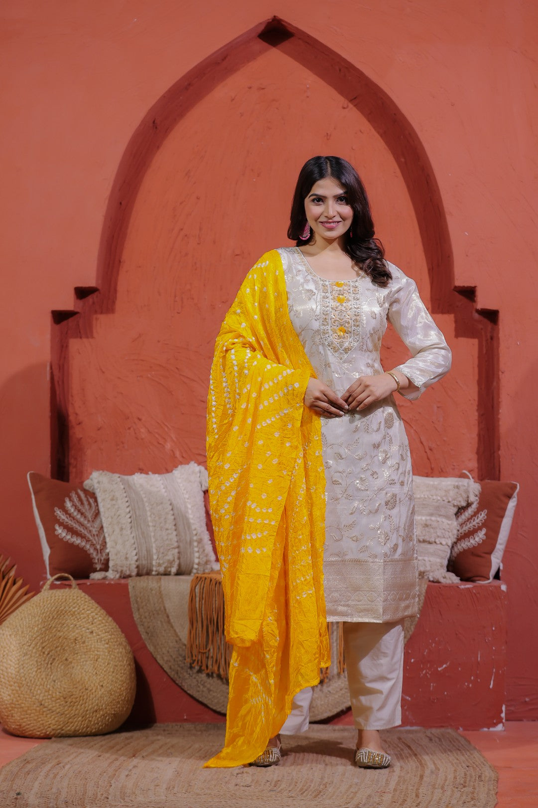 Off White Mosh Silk Suit with Banarasi Work, Pant & Dupatta
