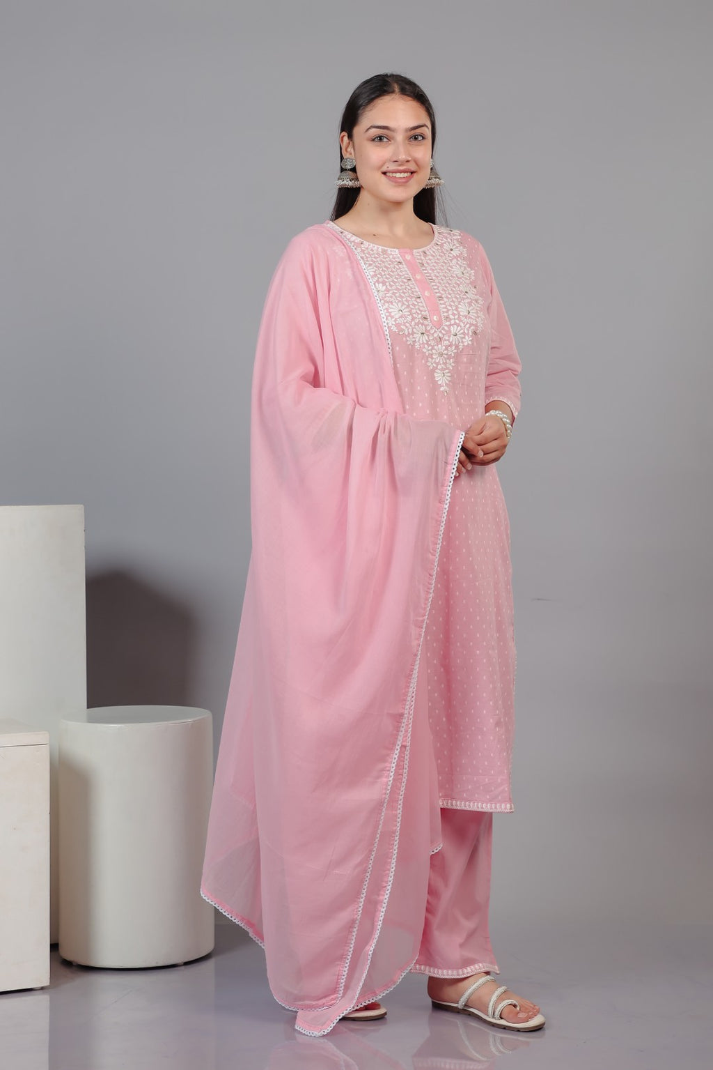 Baby Pink Cotton Suit with Thread Work, Bottom & Dupatta