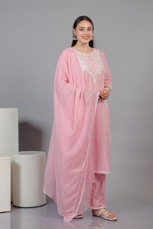 Baby Pink Cotton Suit with Thread Work, Bottom & Dupatta
