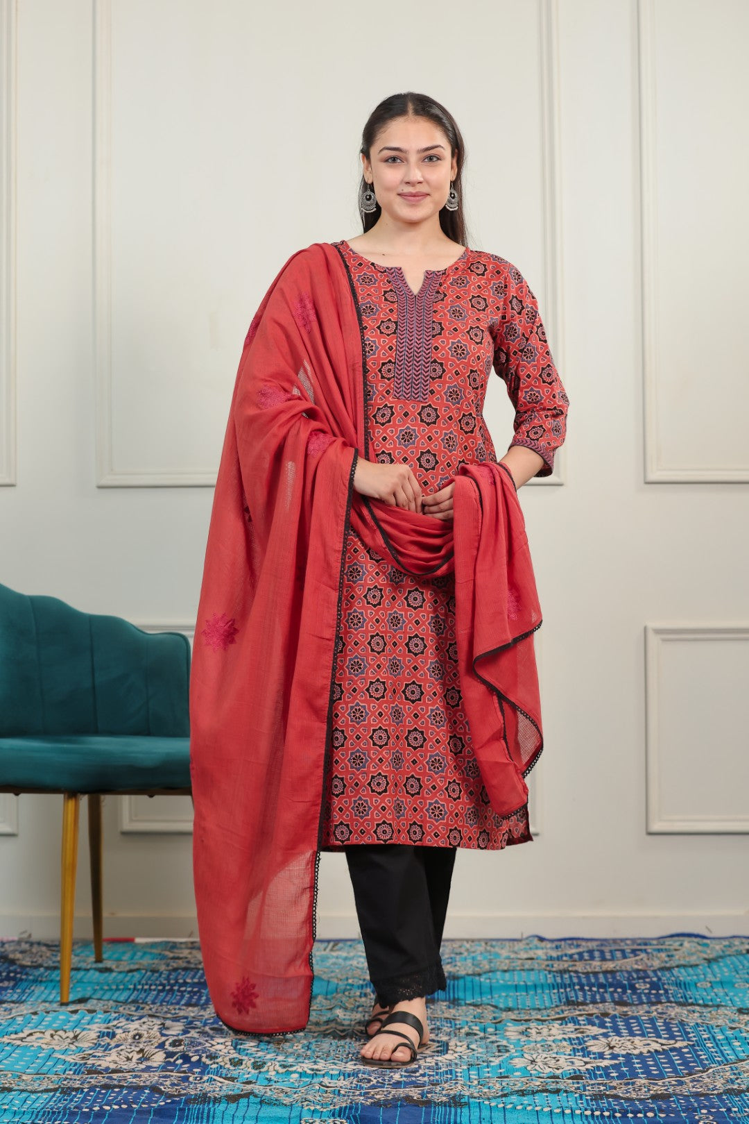 Rust Cotton Printed Suit with Bottom & Dupatta