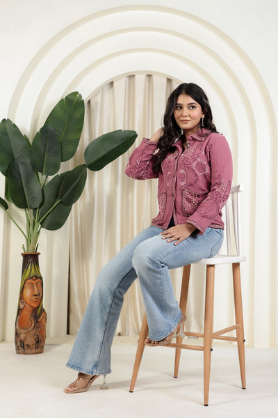 Pink Lurex Cotton Jacket with Matching Pink Thread Embroidery