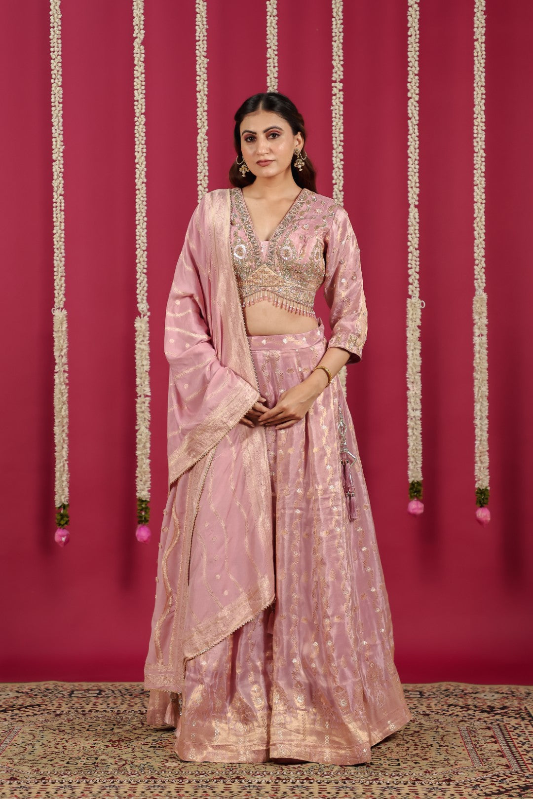 Pink Mosh Silk Banarsi Handwork Lehenga with Blouse & Dupatta