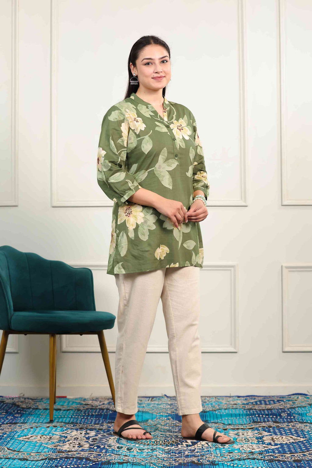 Green Cambric Cotton with Flower Printed Short Kurti