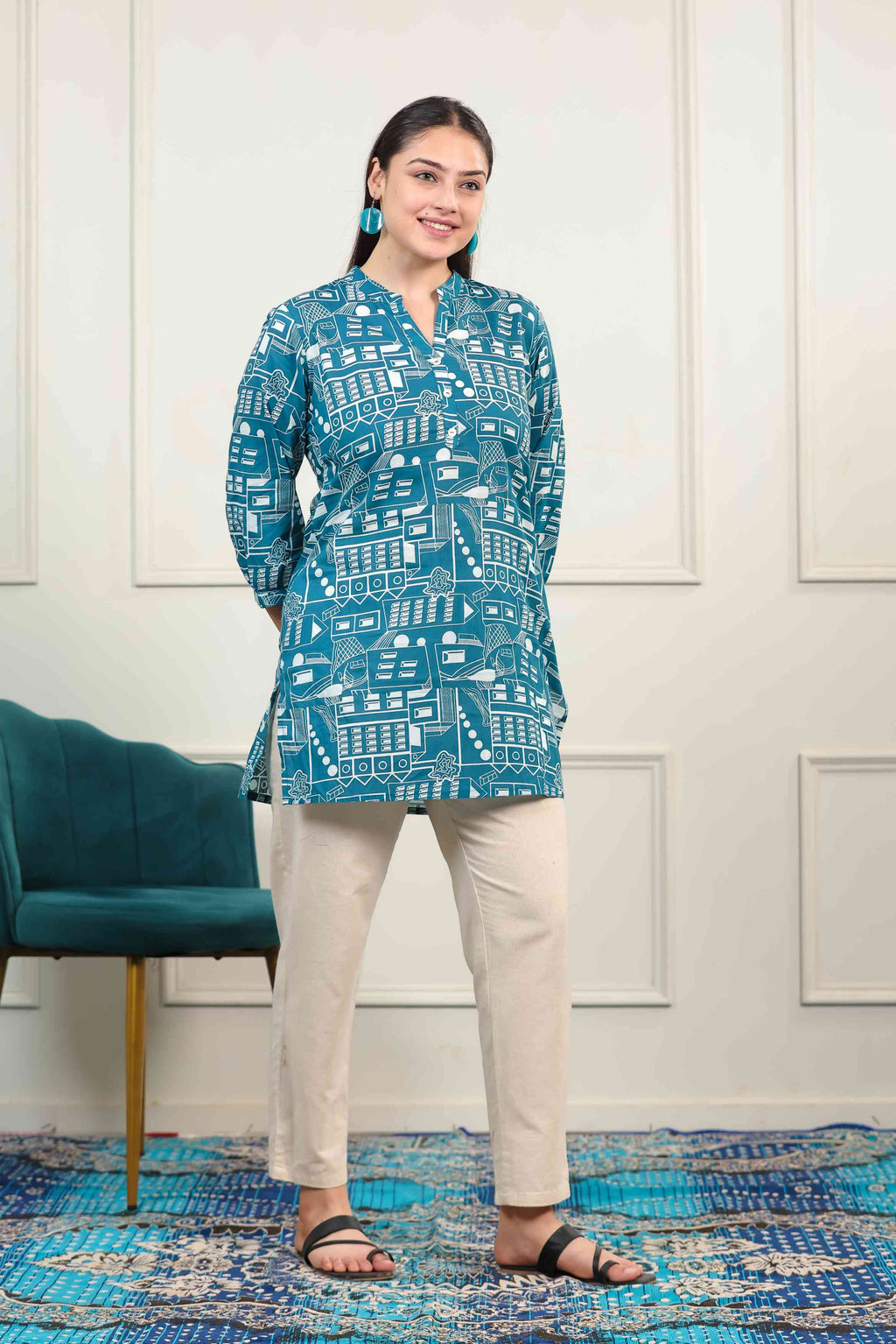 Teal Blue Cambric Cotton Printed Short Kurti