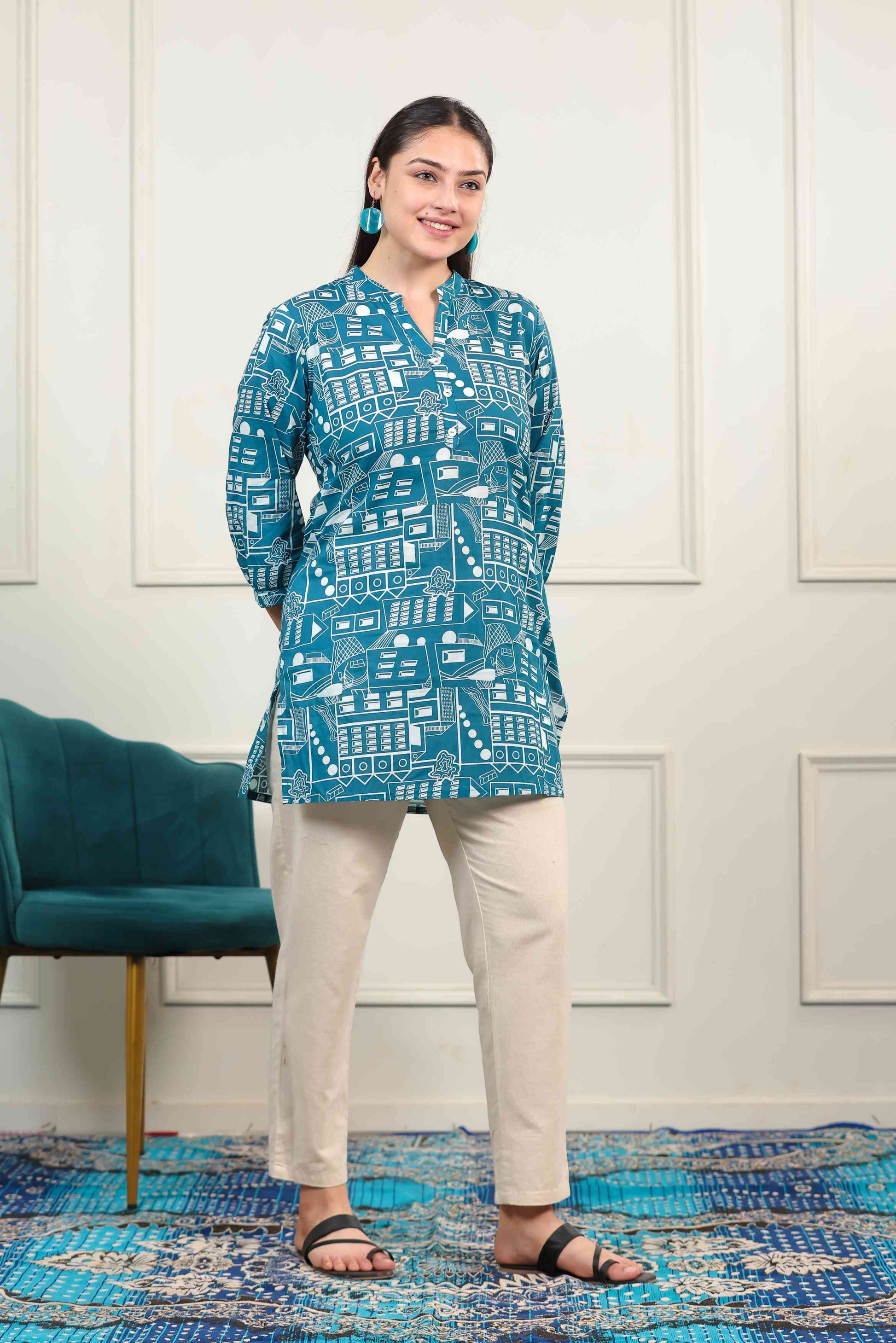 Teal Blue Cambric Cotton Printed Short Kurti