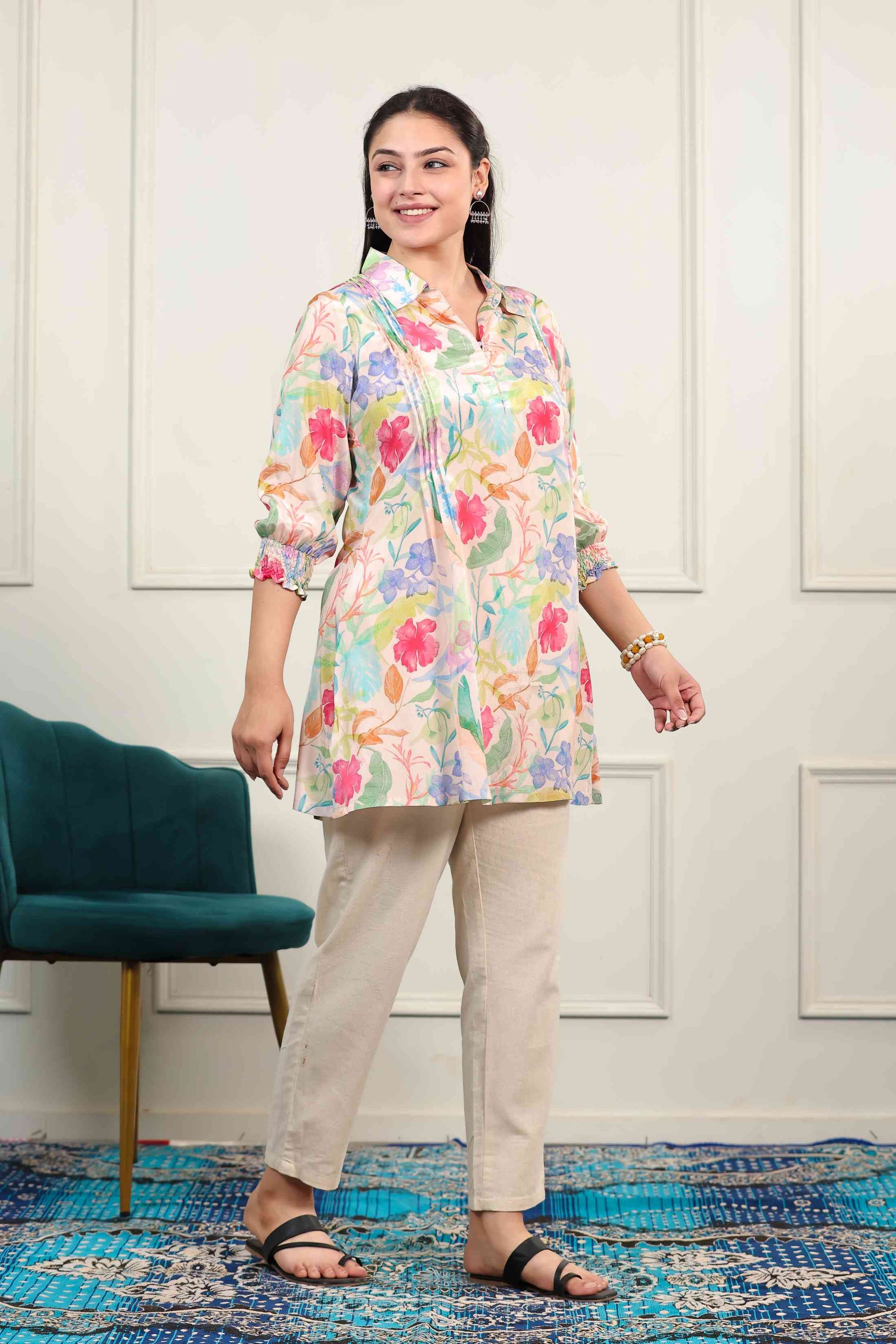 Peach Crepe Multicolor Floral Printed Short Kurti