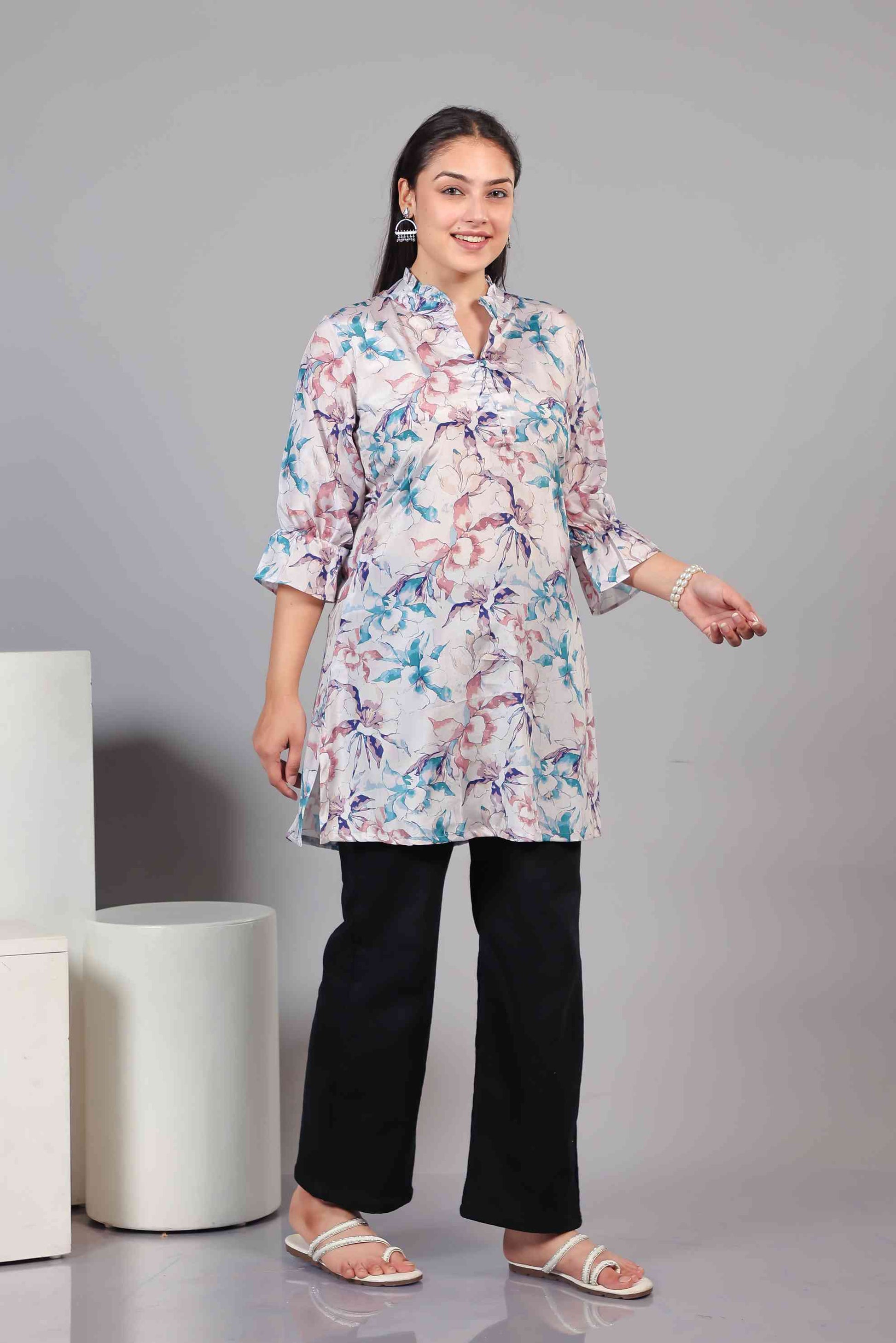 Silver Offwhite Crepe Multicolor Printed Short Kurti