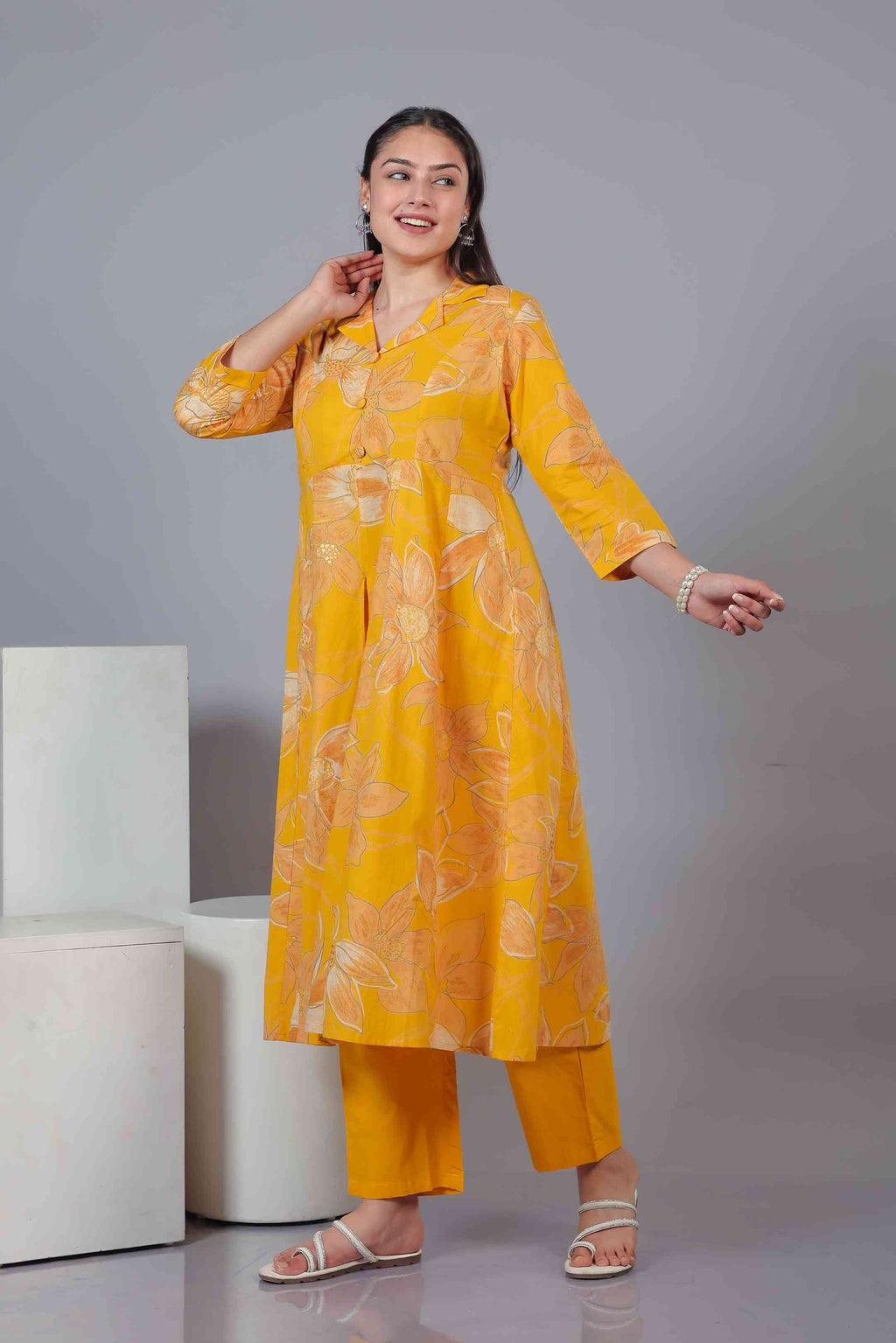 Yellow Cambric Cotton Floral Printed Co-ord Set