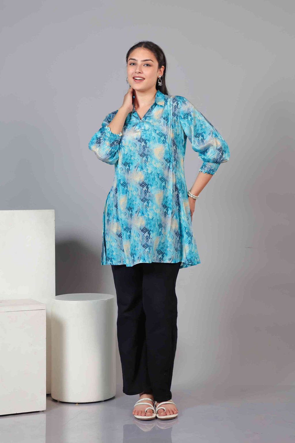 Rama Blue Crepe Printed Short Kurti