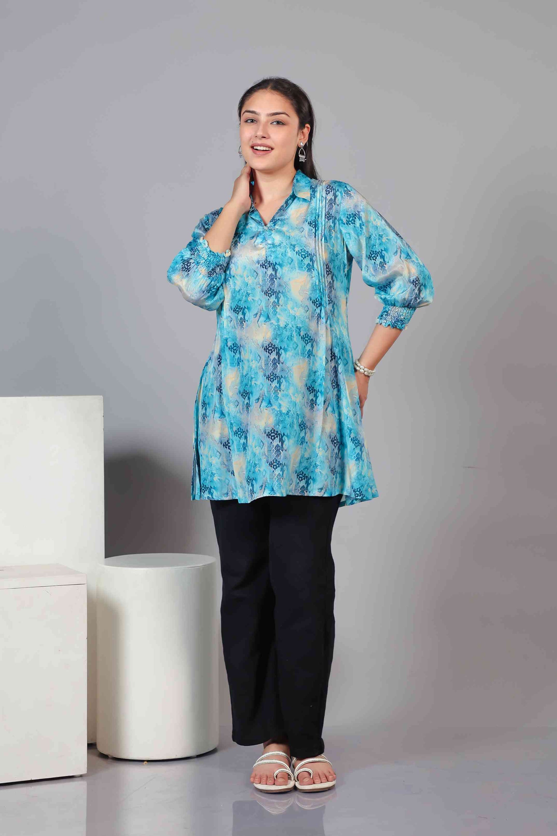 Rama Blue Crepe Printed Short Kurti