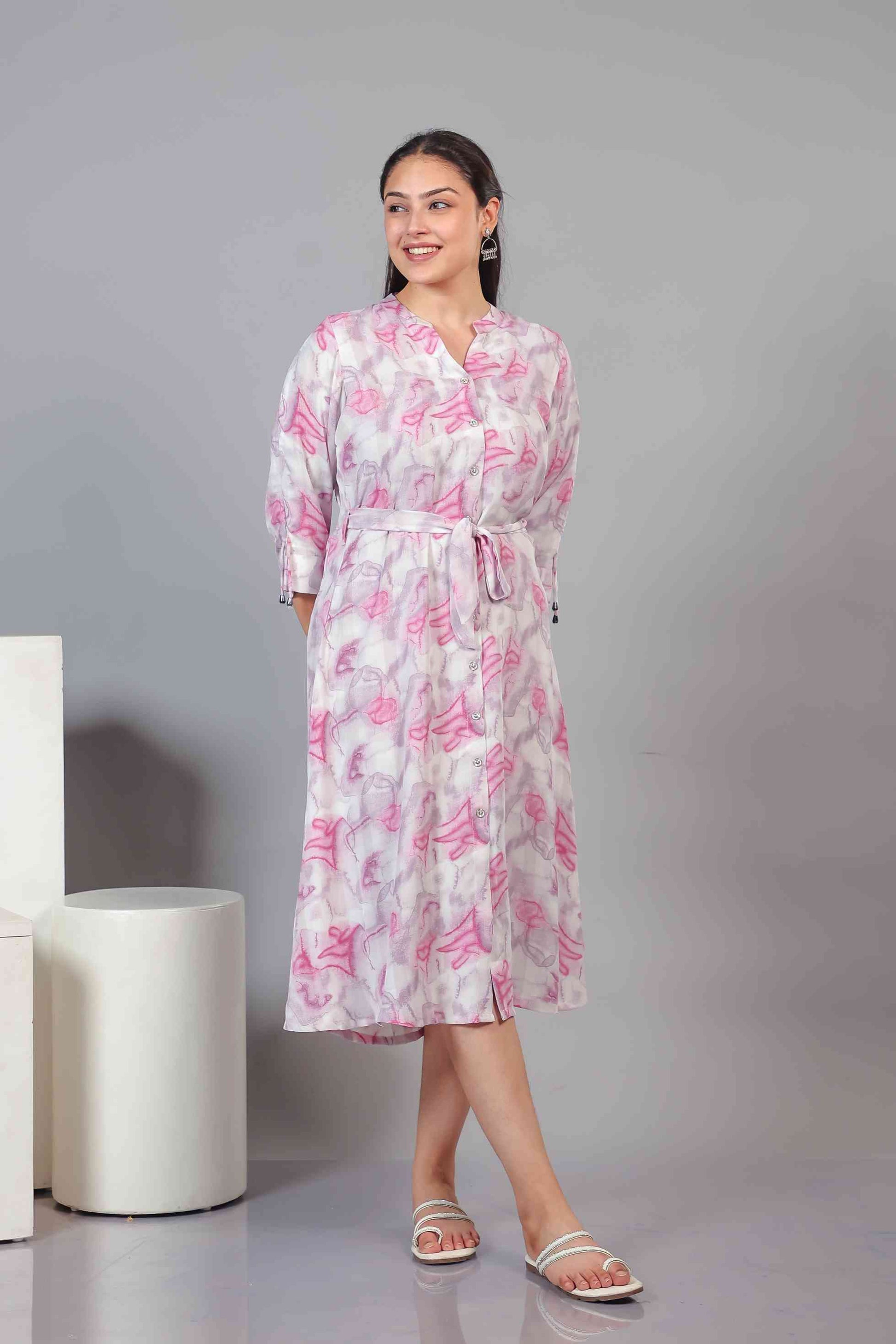 White Lycra with Baby Pink Printed Maxi Dress