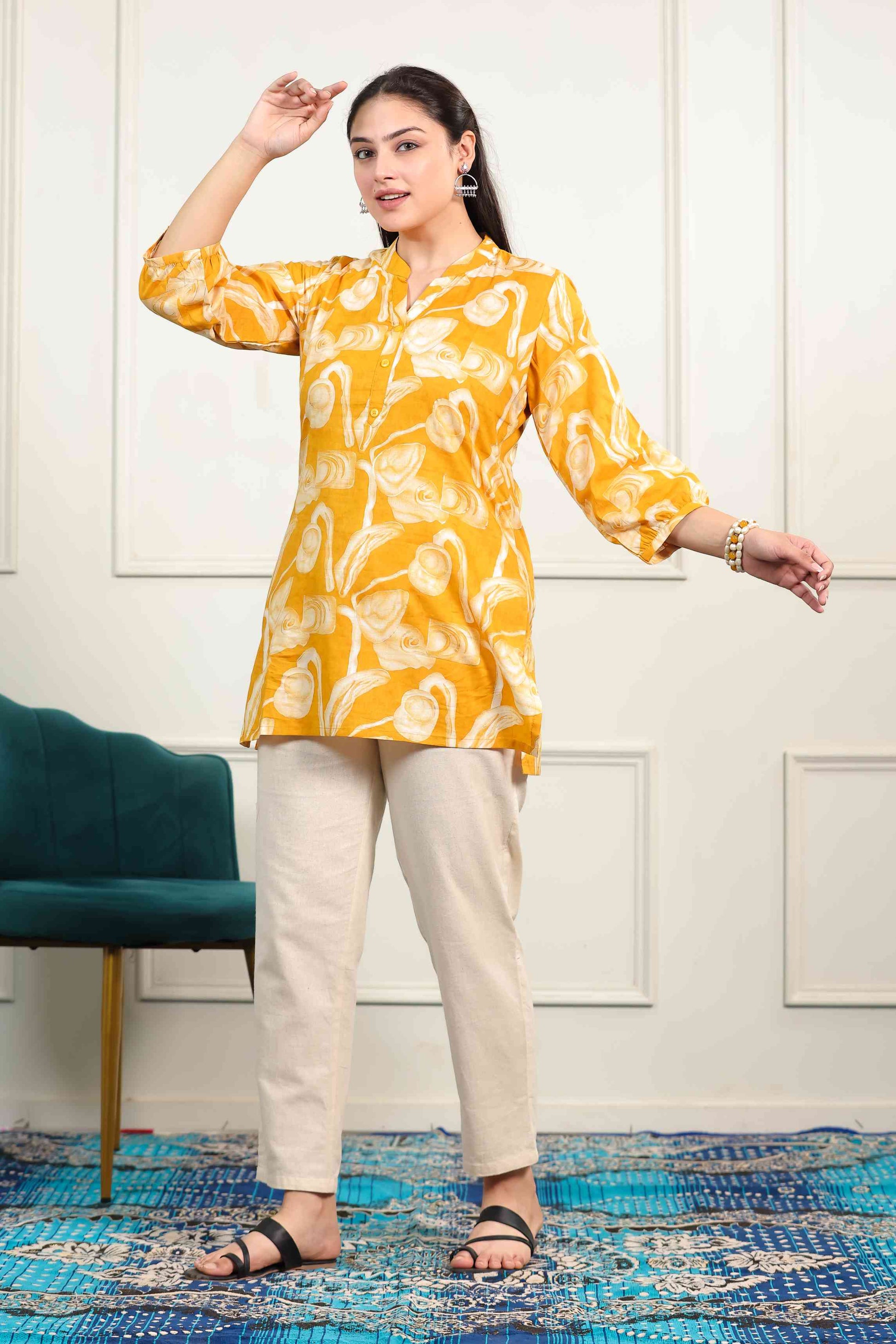 Mustard Yellow Cambric Cotton Printed Top