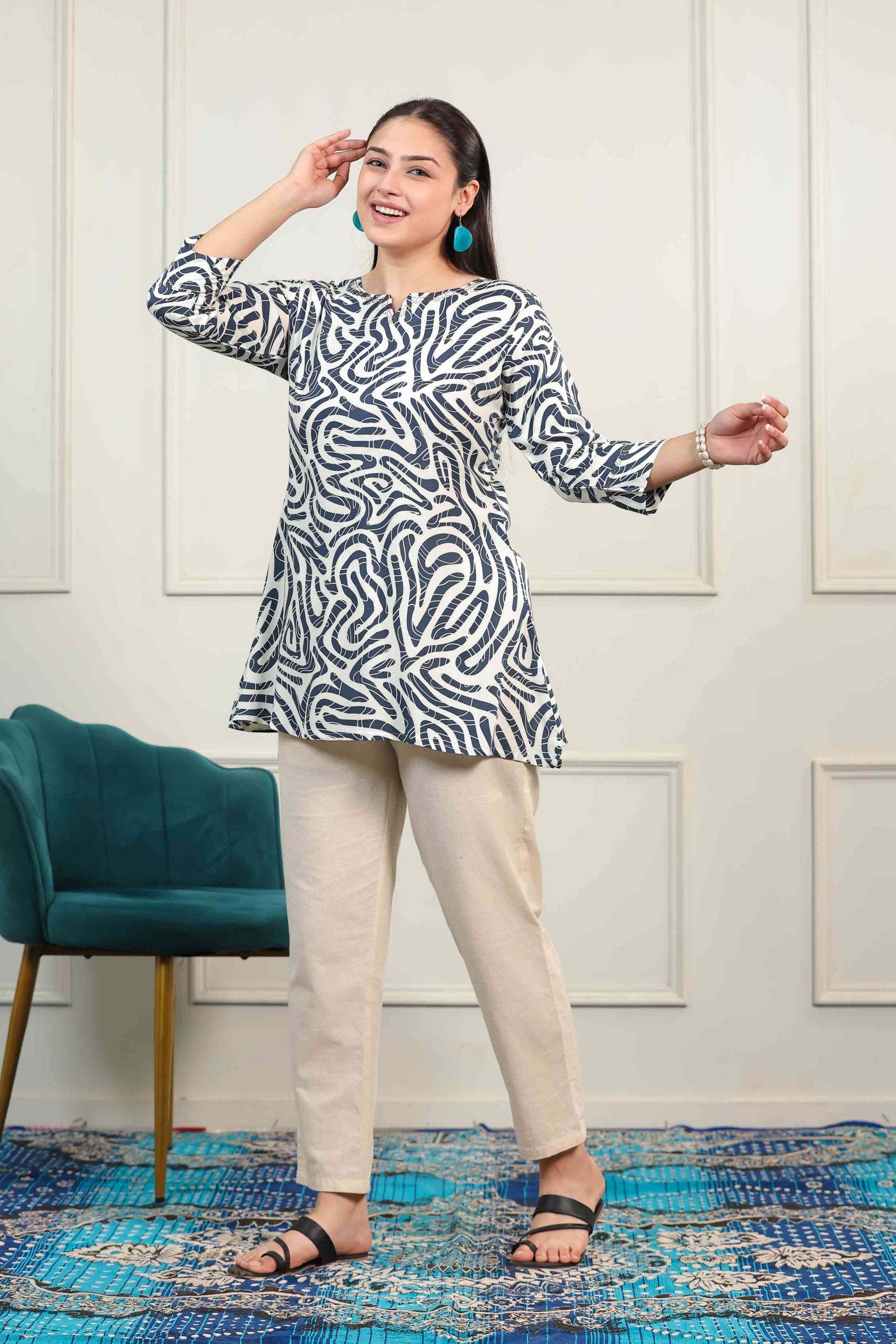 Blue & Off-White Rayon Printed Top