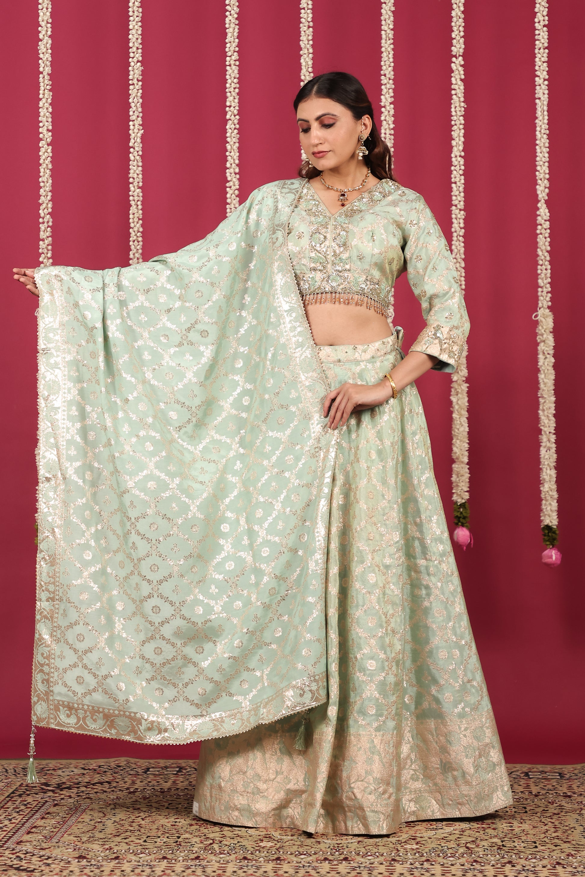 Pista Green Mosh Silk Banarsi Handwork Lehenga with Blouse & Dupatta