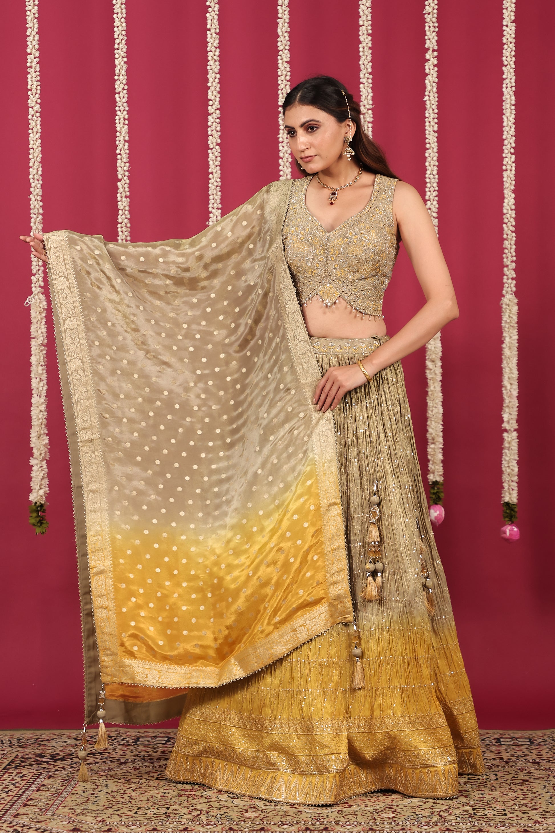 Golden Brown & Yellow Mosh Silk Lehenga with Zari Work with Blouse & Dupatta