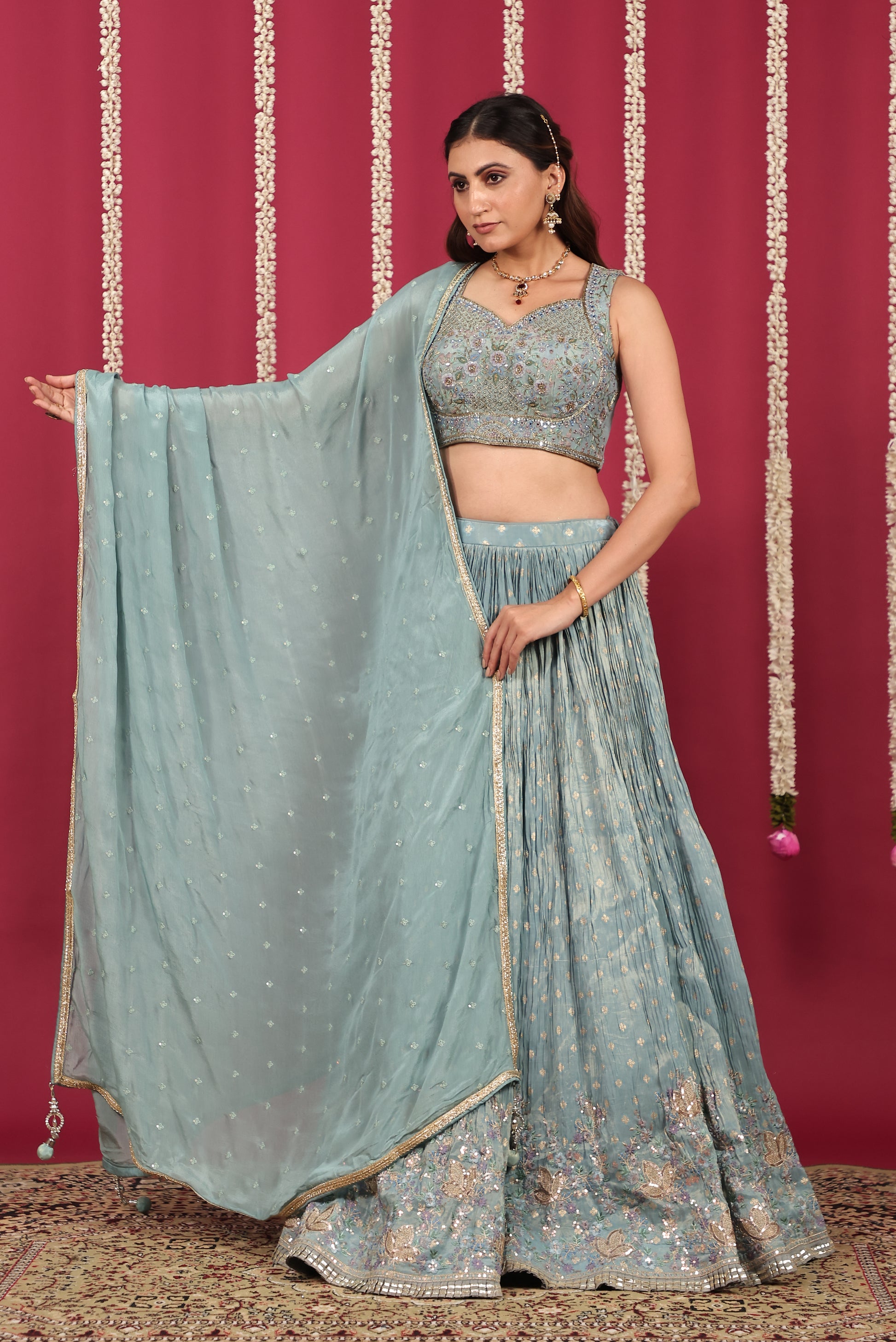 Sky Blue Mosh Silk Lehenga with Banarsi Butti Thread Work with Blouse & Dupatta