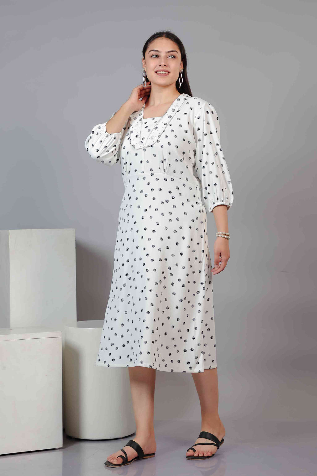 White Lycra with Pearl Handwork & Black Dots Printed Maxi Dress