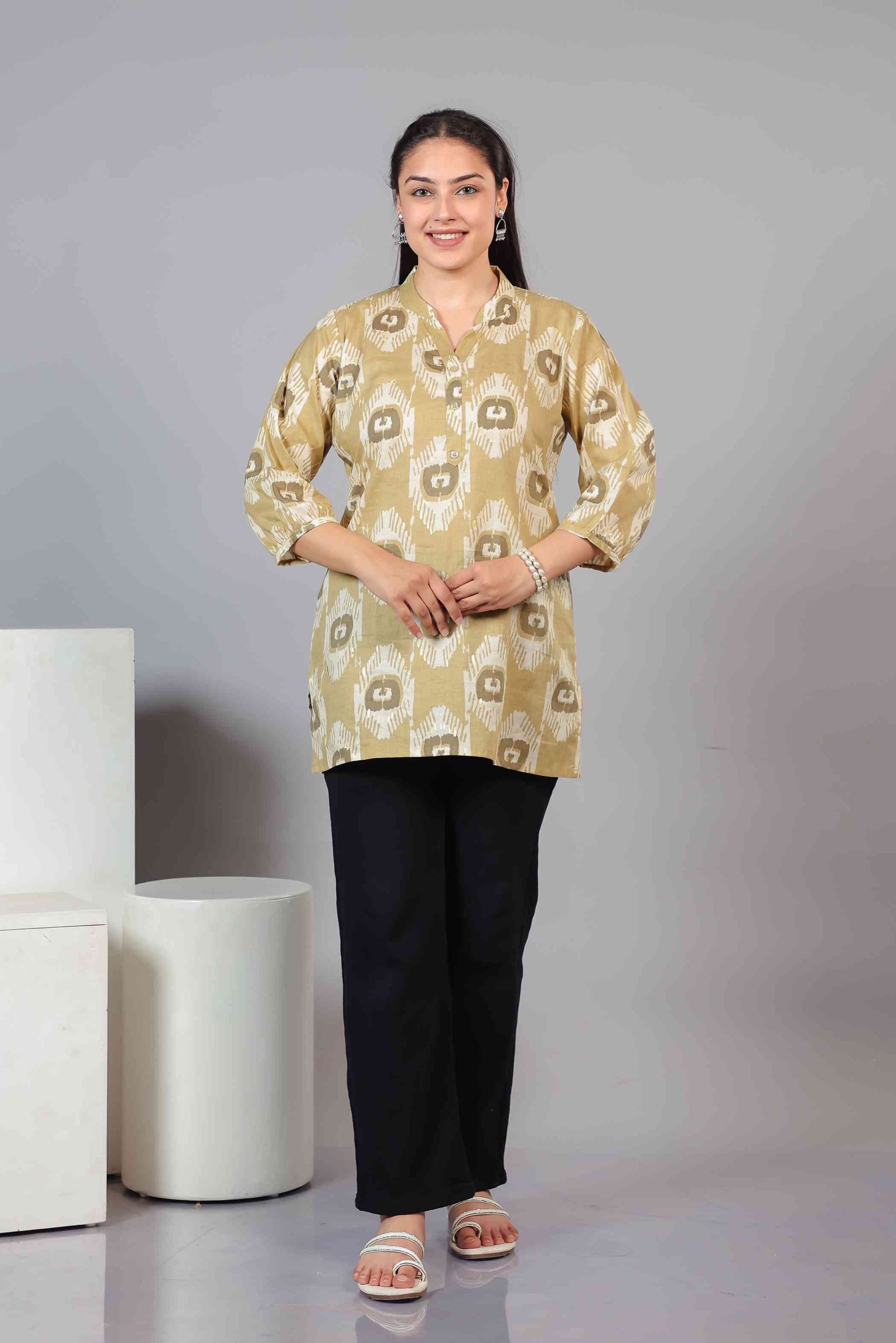 Metallic Gold Brown Cambric Cotton Printed Top