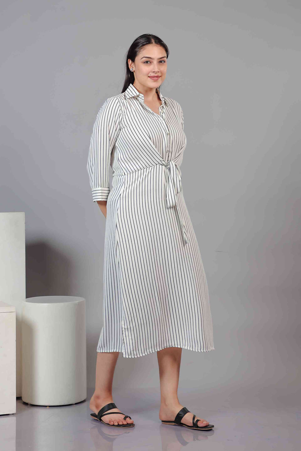 White Lycra with Black Lining Printed Maxi Dress