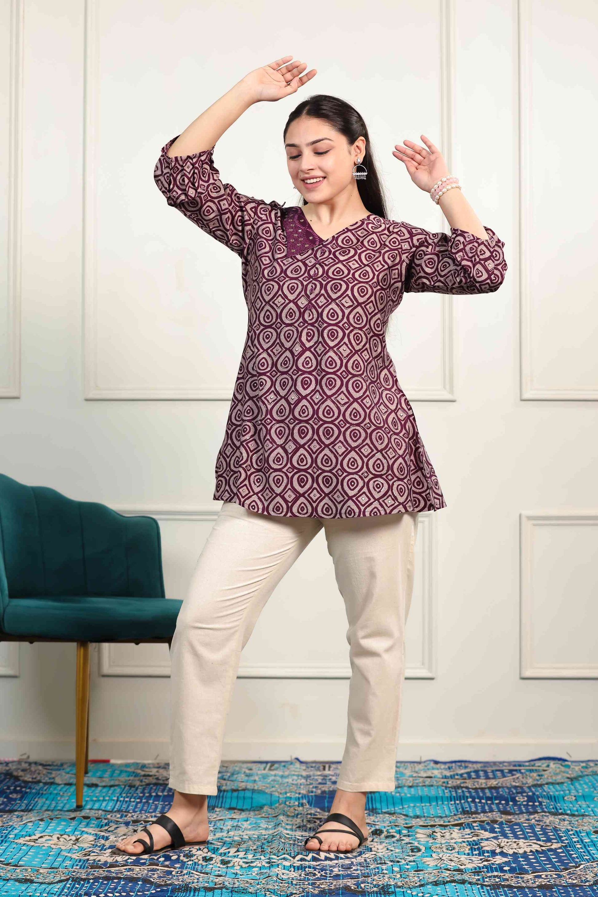 Wine Color Muslin Printed Top