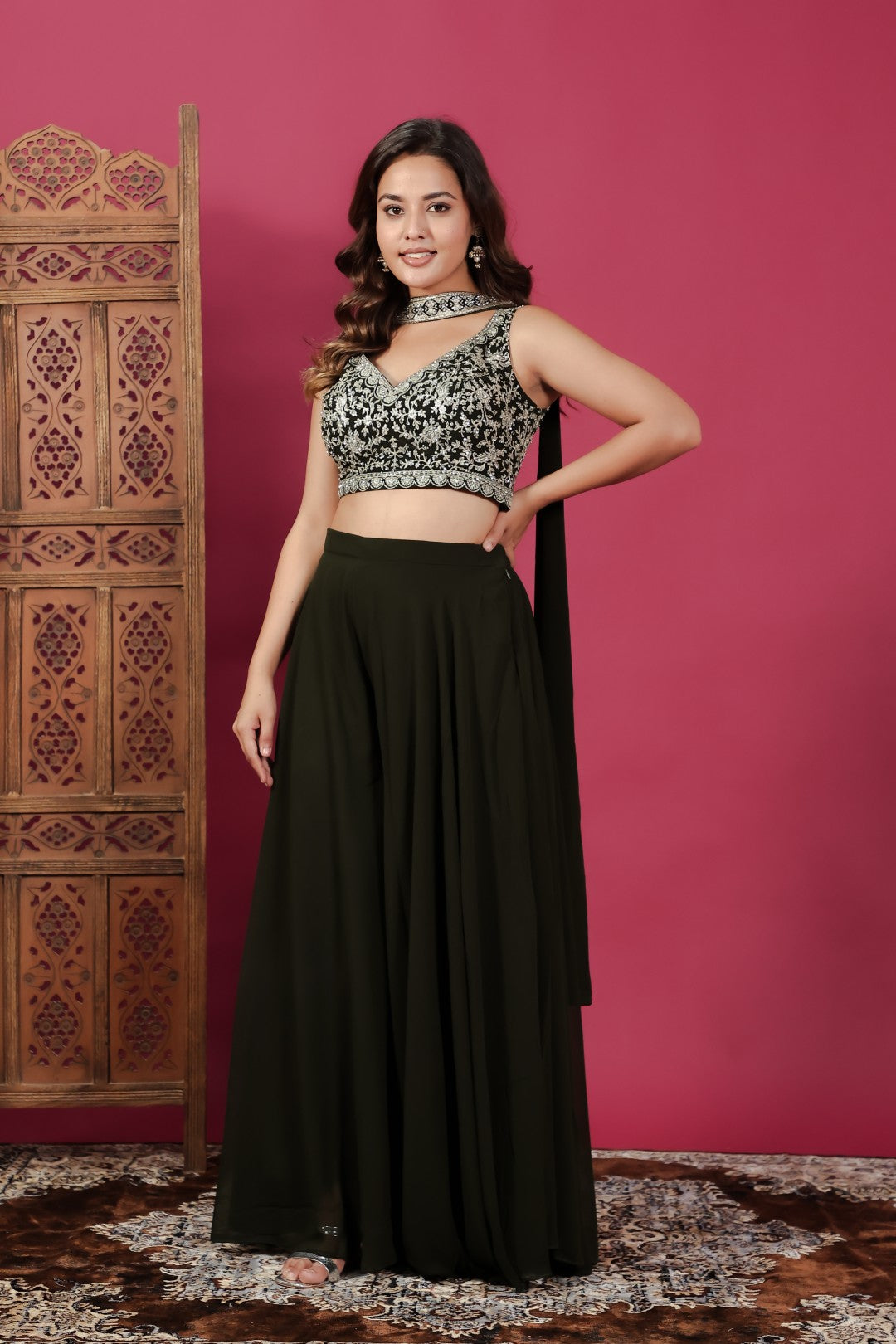 Dark Green Georgette Blouse with Heavy Zari Work, Sharara & Dupatta