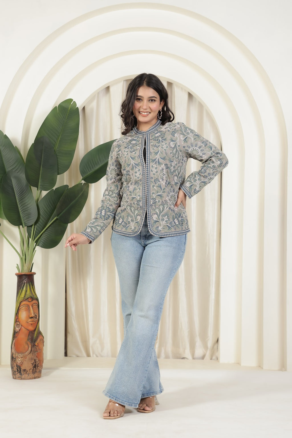 Grey Cotton Jacket with Kashmiri Thread Embroidery