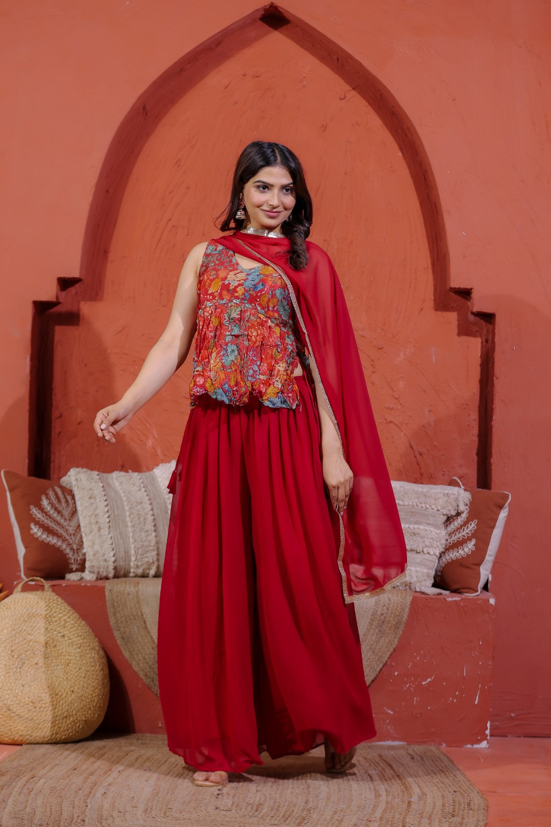 Maroon Chinon Silk Printed Top with Handwork, Sharara & Dupatta