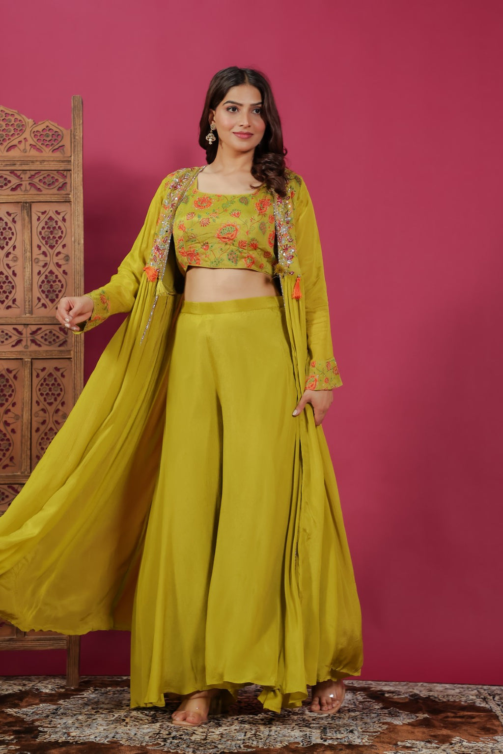 Mehendi Green Chinon Silk Printed Blouse, Sharara & Handwork Shrug
