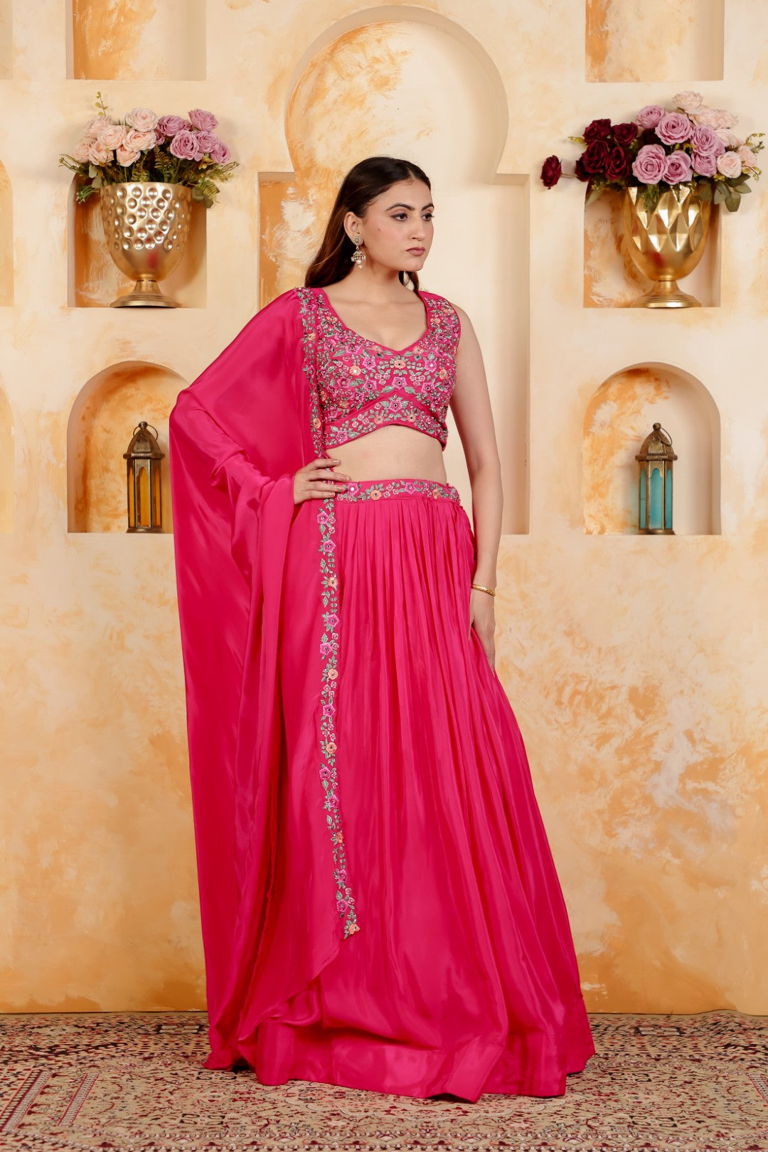 Rani Pink Crepe Silk Blouse with Thread & Stone Work, Lehenga & Dupatta
