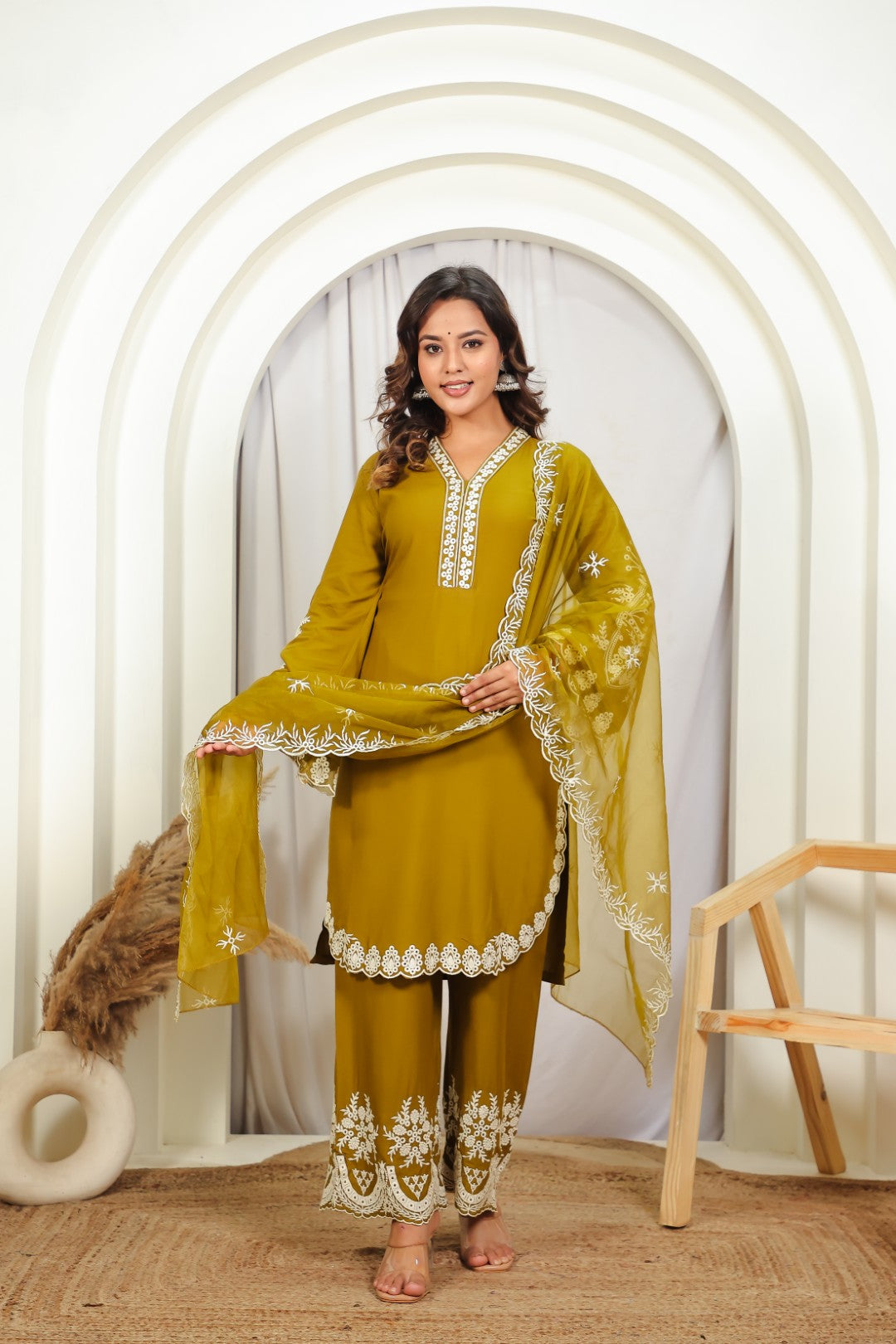 Mehendi Green Rayon Cotton Suit with Thread Work, Palazzo & Dupatta