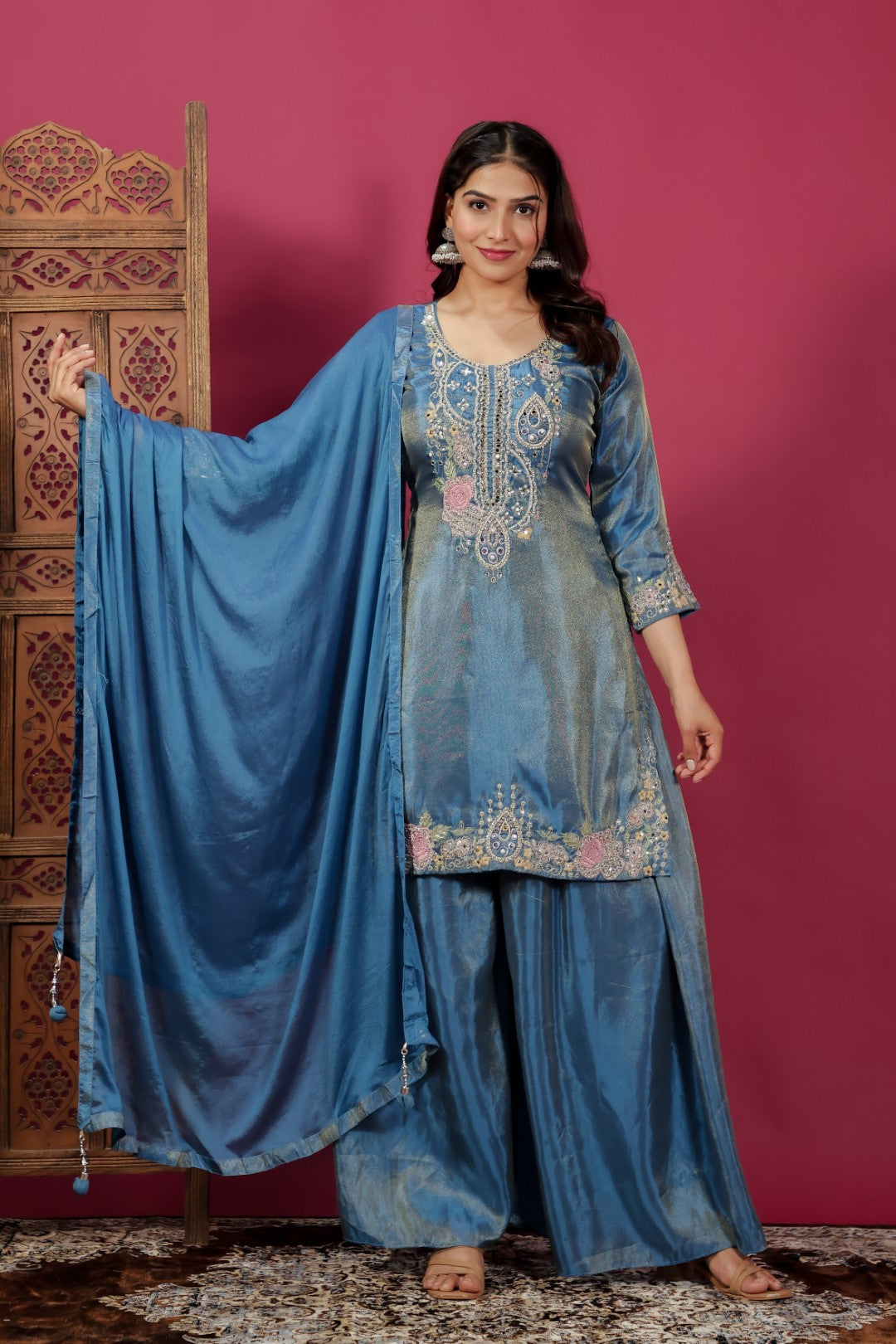 Diesel Blue Mosh Silk Handwork Suit, Palazzo & Dupatta