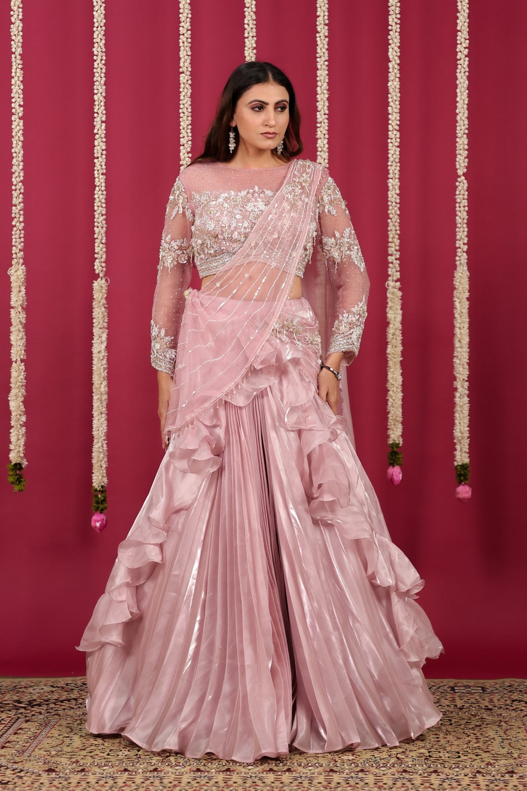 Baby Pink Burberry Net Lehenga with Heavy Handwork Blouse & Attached Dupatta