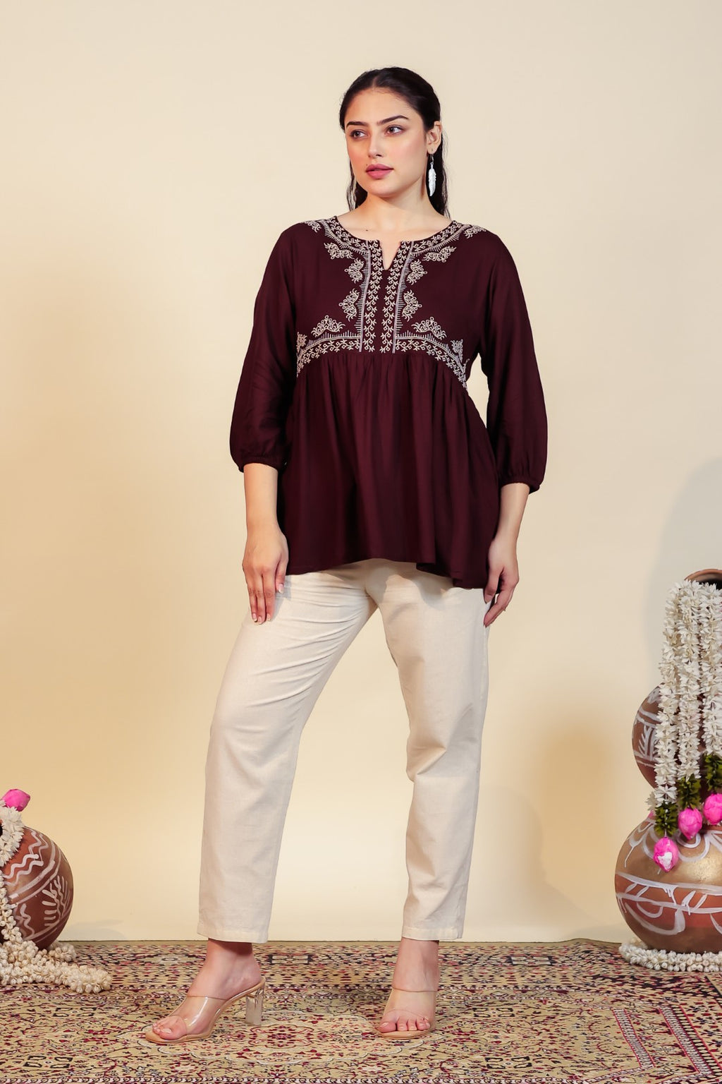 Dark Brown Rayon Thread Work Top