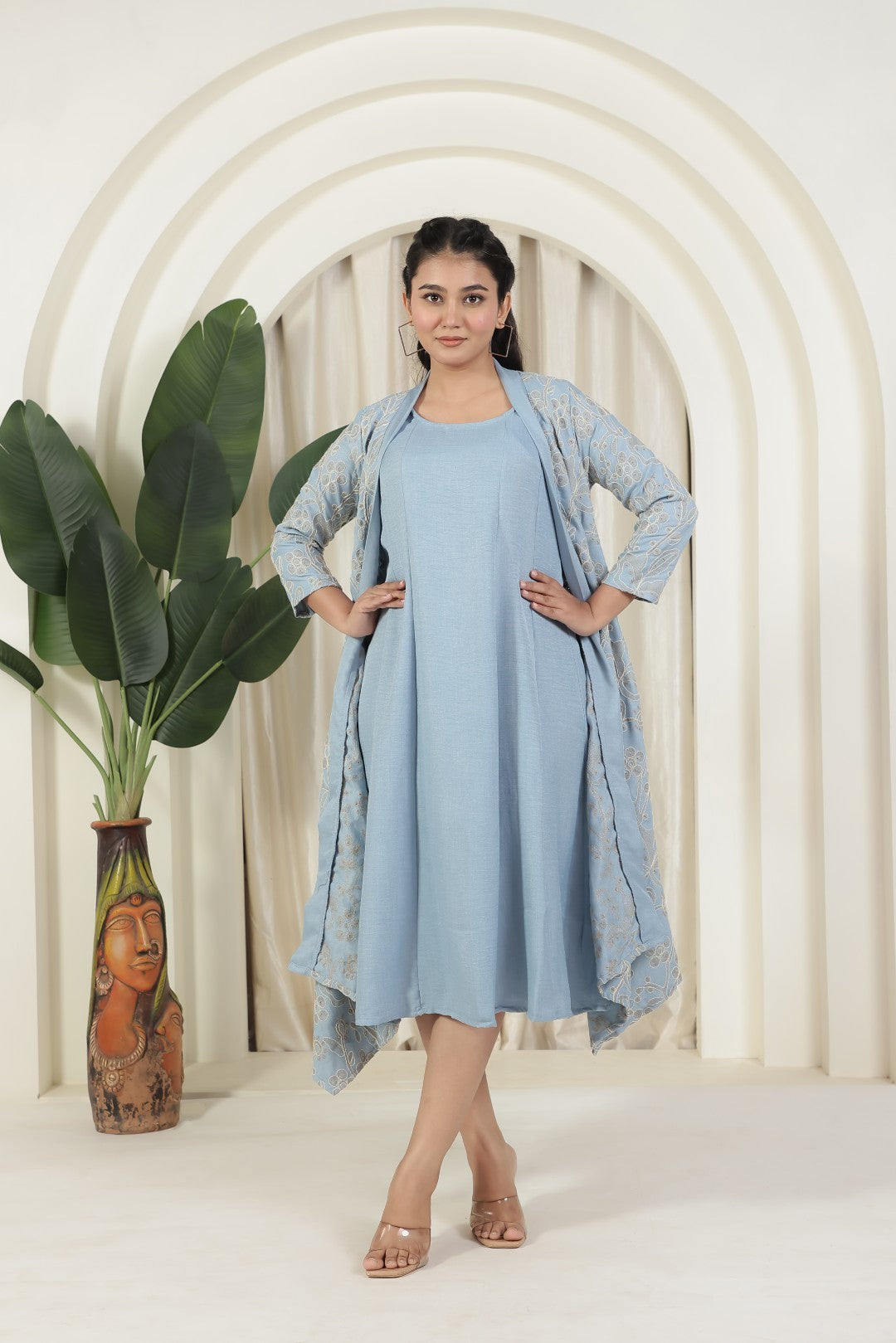 Baby Sky Blue Fiona Cotton Cut-sleeves Top and Jacket with Full Thread Embroidery