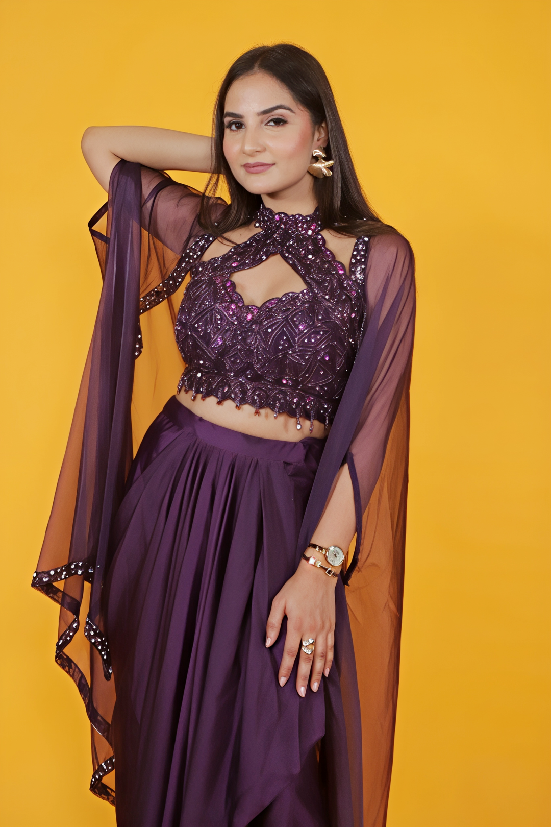 Wine Satin Silk Blouse with Handwork, Dhoti & Shrug