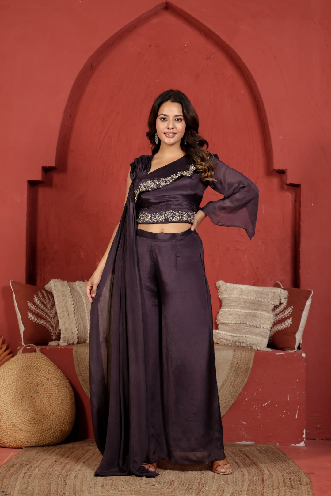 Dried Purple Chinon Silk Top with Sequin Handwork, Attached Dupatta & Palazzo