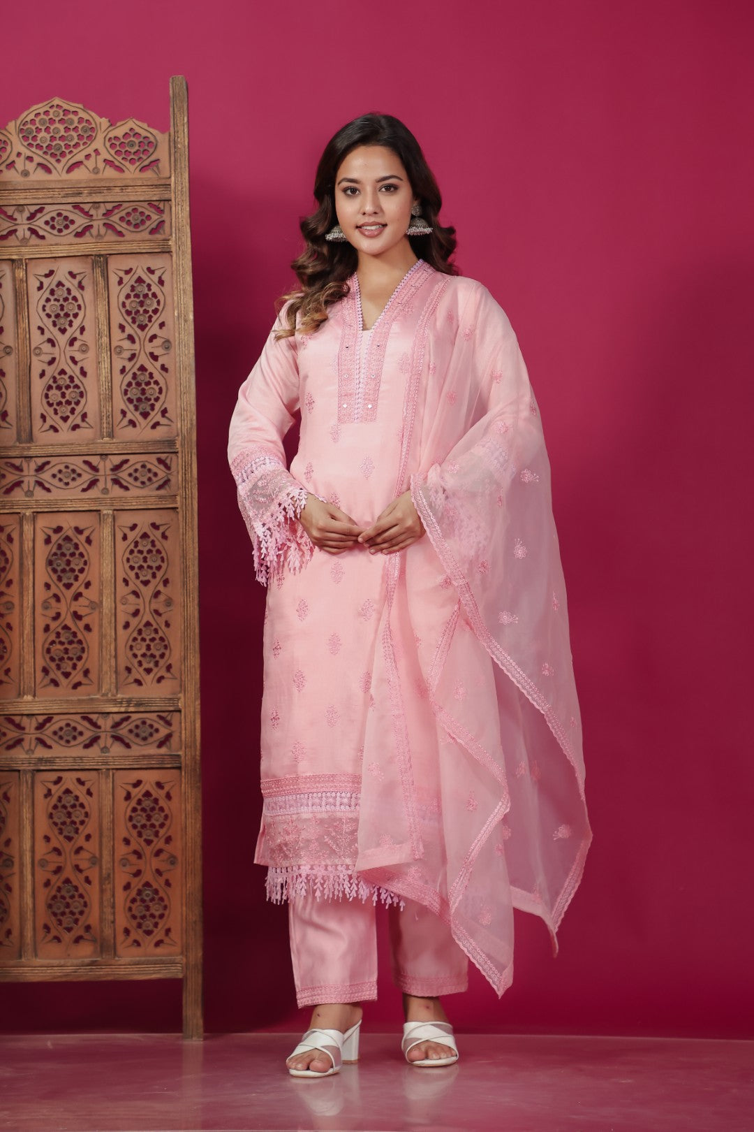 Baby Pink Muslin Silk Suit with Thread Embroidery, Bottom & Dupatta