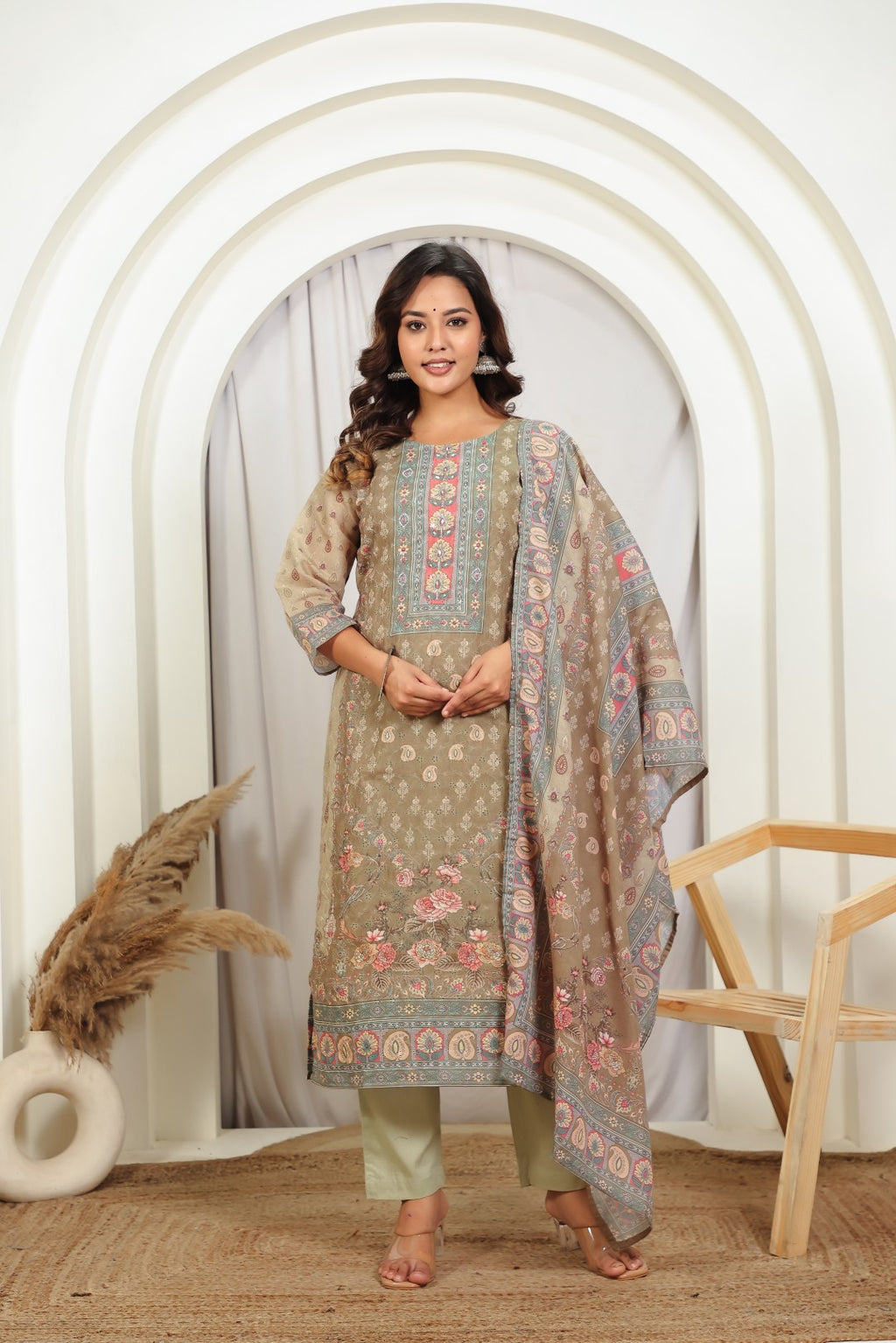 Mehendi Green Cotton Chikankari Suit with Bottom & Dupatta